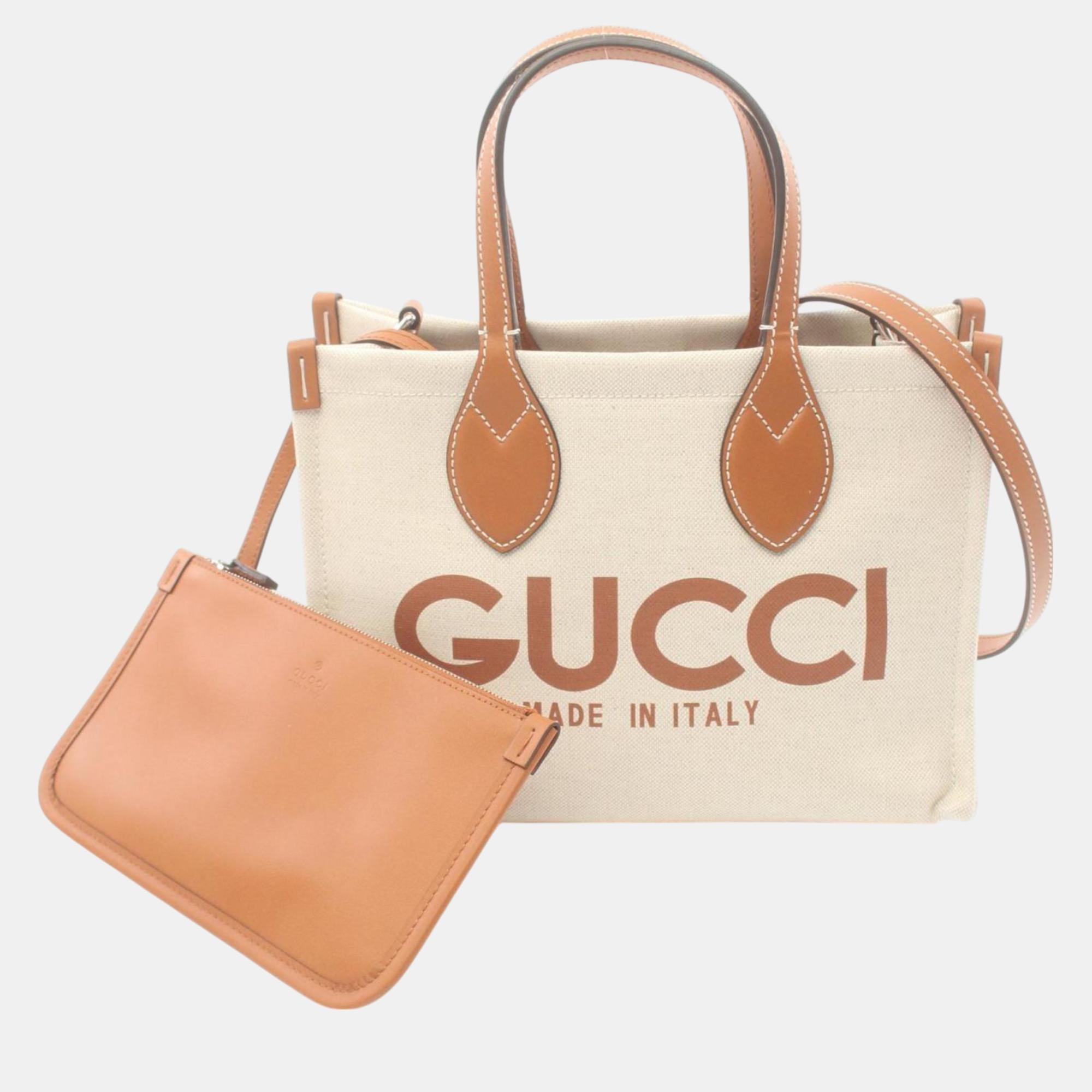 

Gucci Beige Brown Canvas Leather Printed Bag
