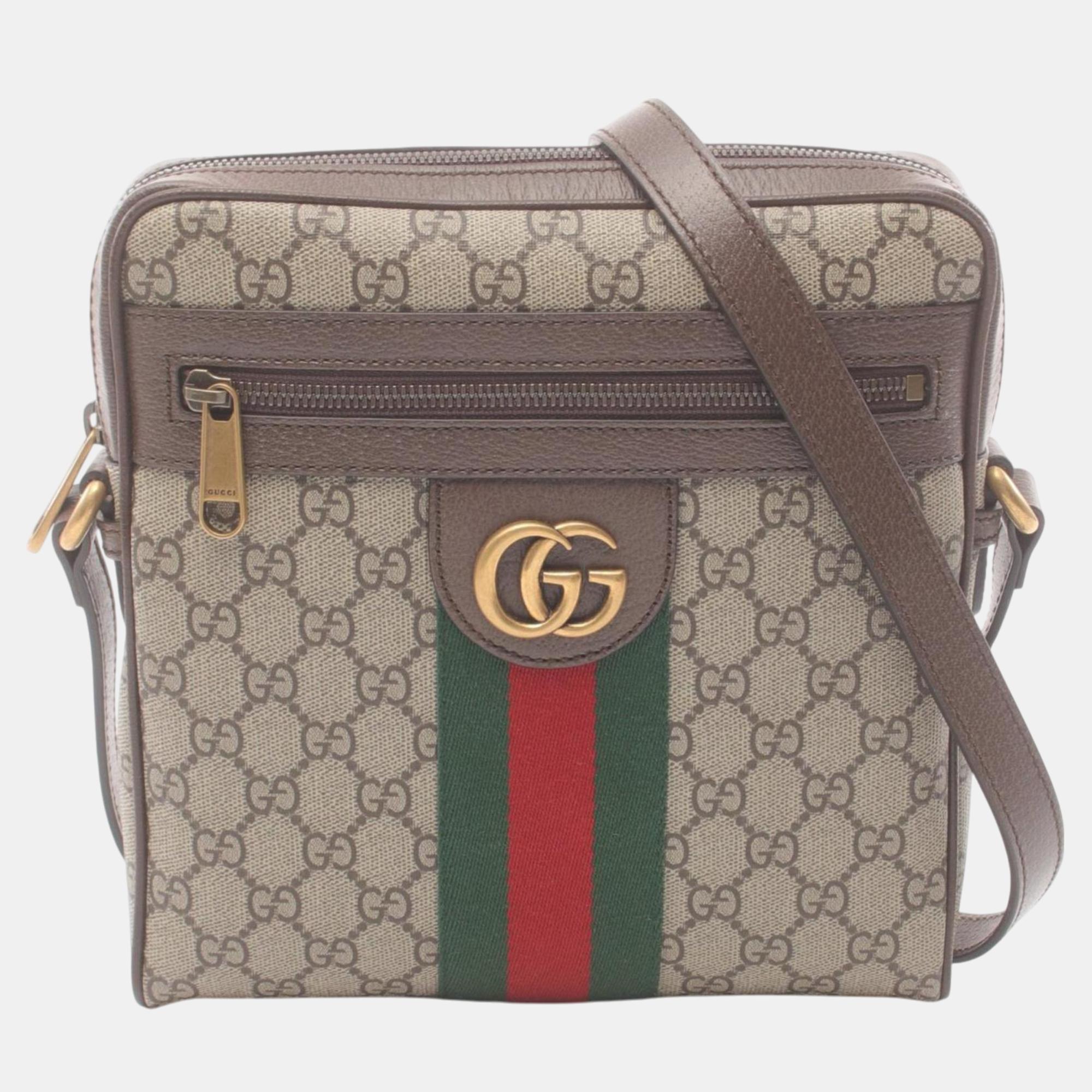 Pre-owned Gucci Beige Brown Multicolor Coated Canvas Leather Ophidia Gg Small Supreme Shoulder Bag