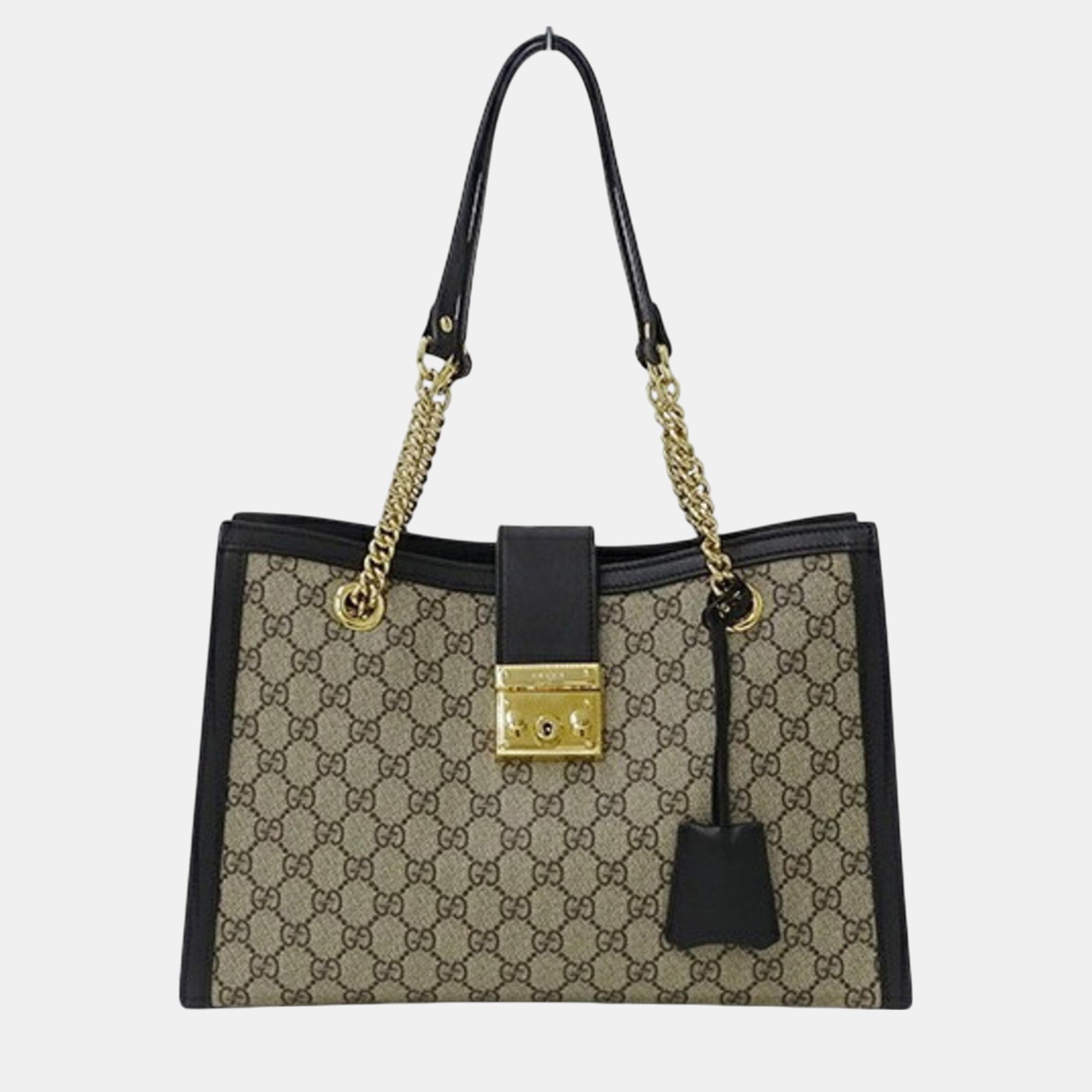 

Gucci Brown Beige Black GG Supreme Chain Tote bag