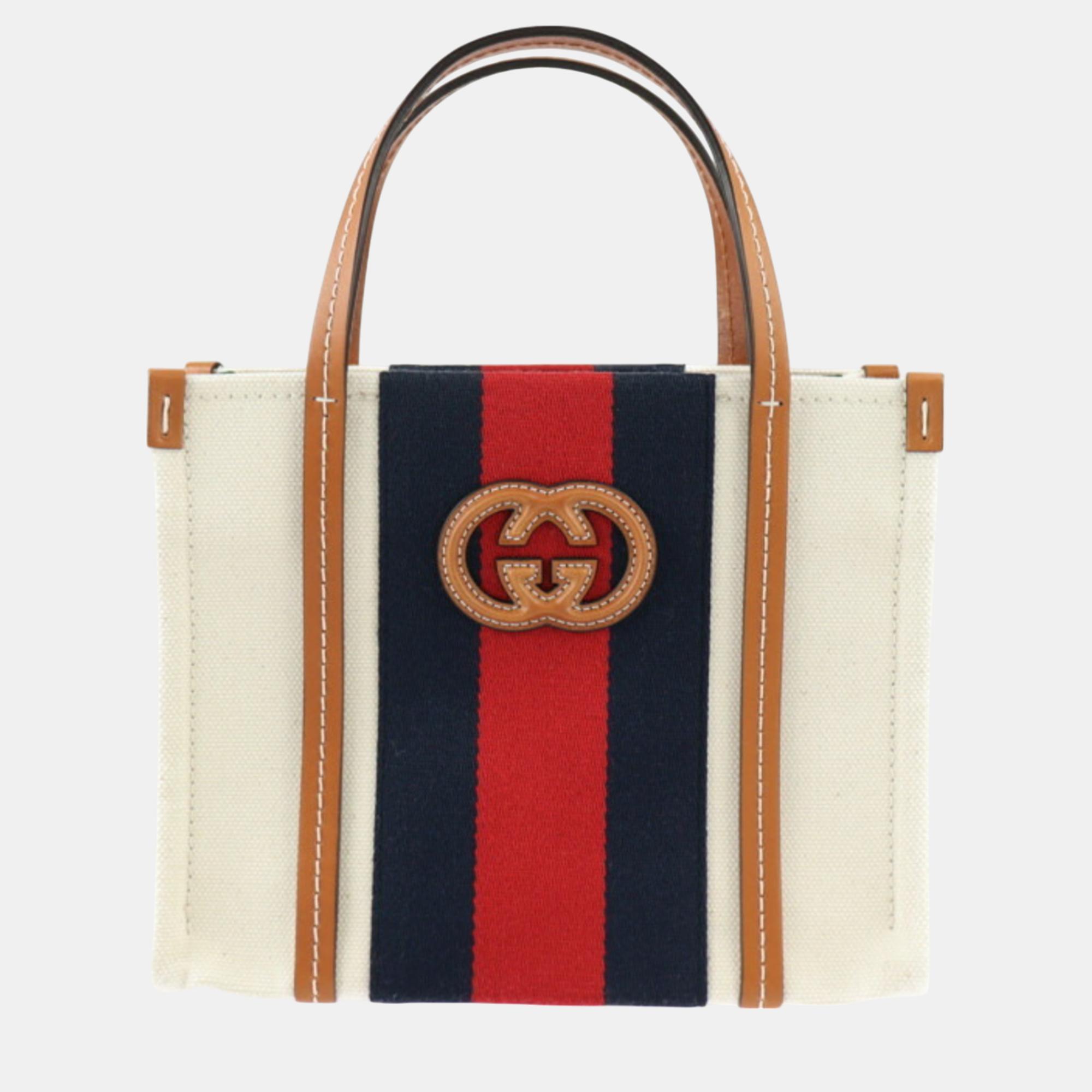 

Gucci Beige Red Navy Green Brown Canvas Leather Sherry Line Interlocking G Mini Tote Bag, Multicolor