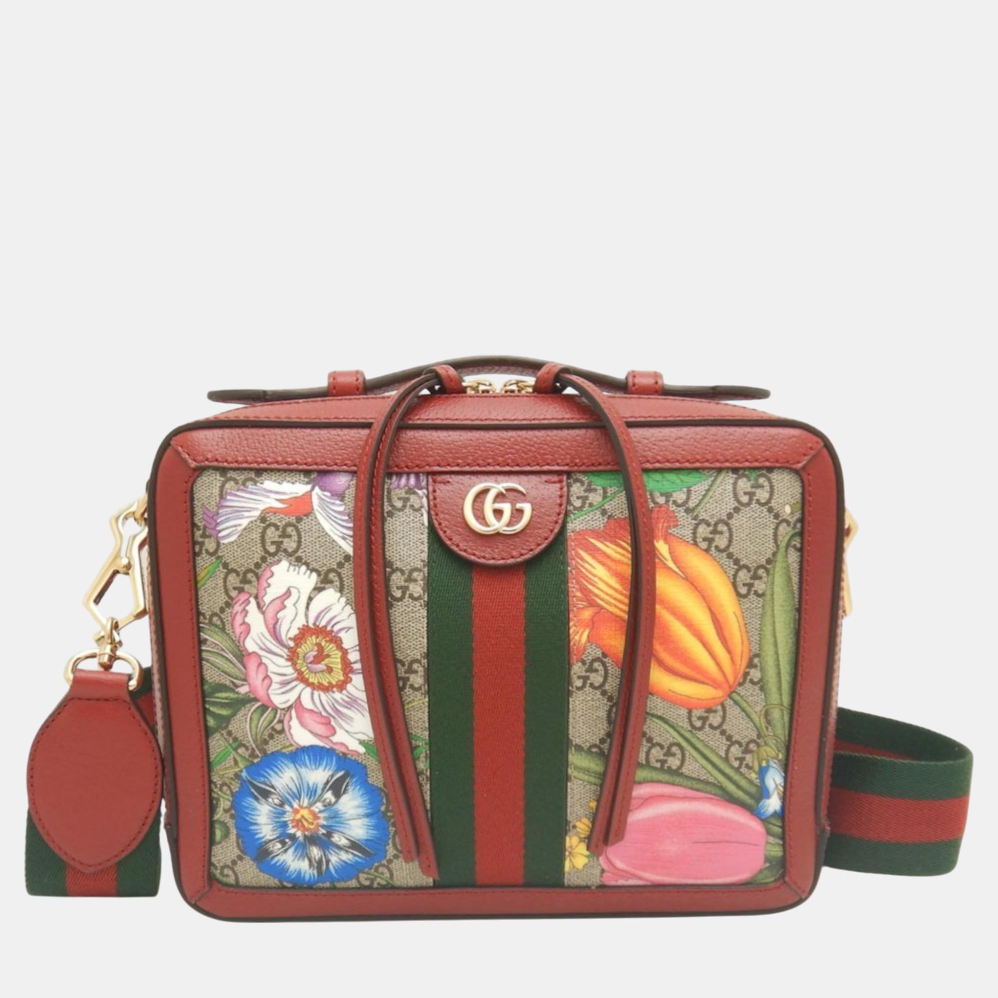 

Gucci Red Beige Canvas x Leather Ophidia Flora GG Supreme Shoulder Bag