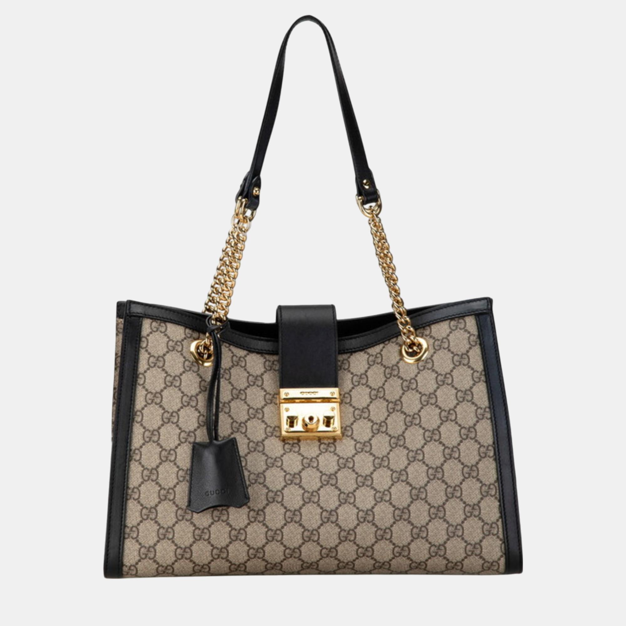 

Gucci Beige Black PVC Leather GG Supreme Padlock Chain Shoulder Bag