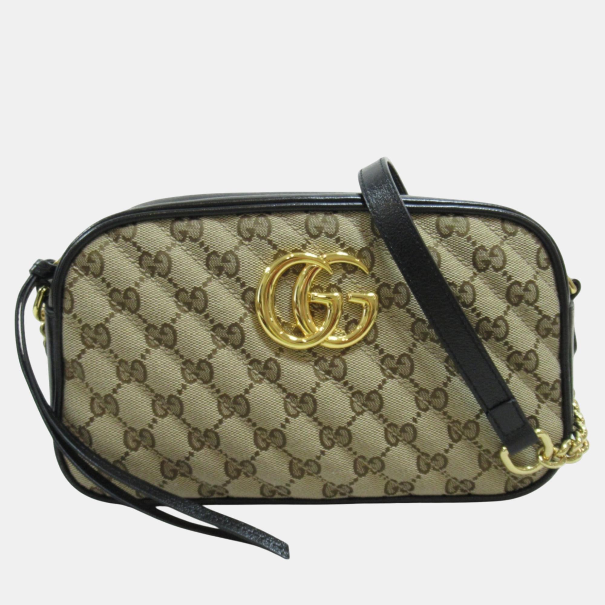 

Gucci Beige Black Canvas Leather GG Marmont Shoulder Bag