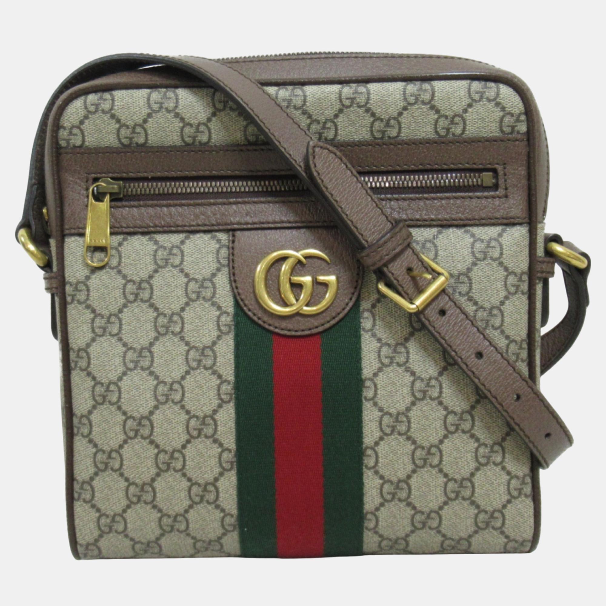 Pre-owned Gucci Beige Brown Canvas Gg Supreme Ophidia Shoulder Bag