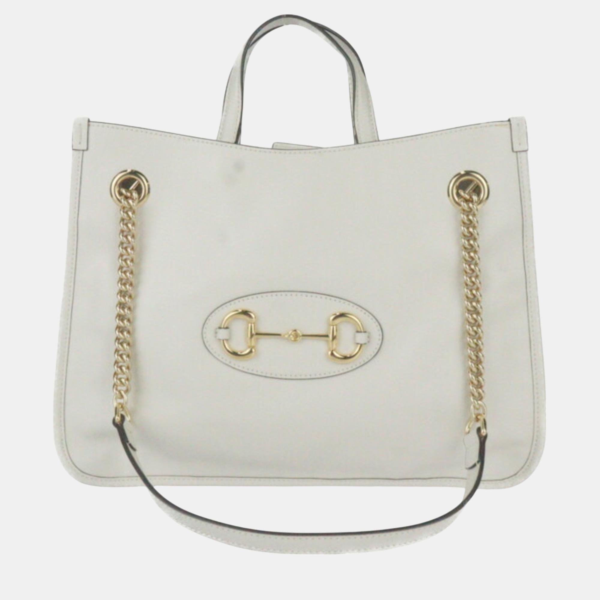 Pre-owned Gucci Ivory Leather Horsebit 1955 Medium Tote Bag In White