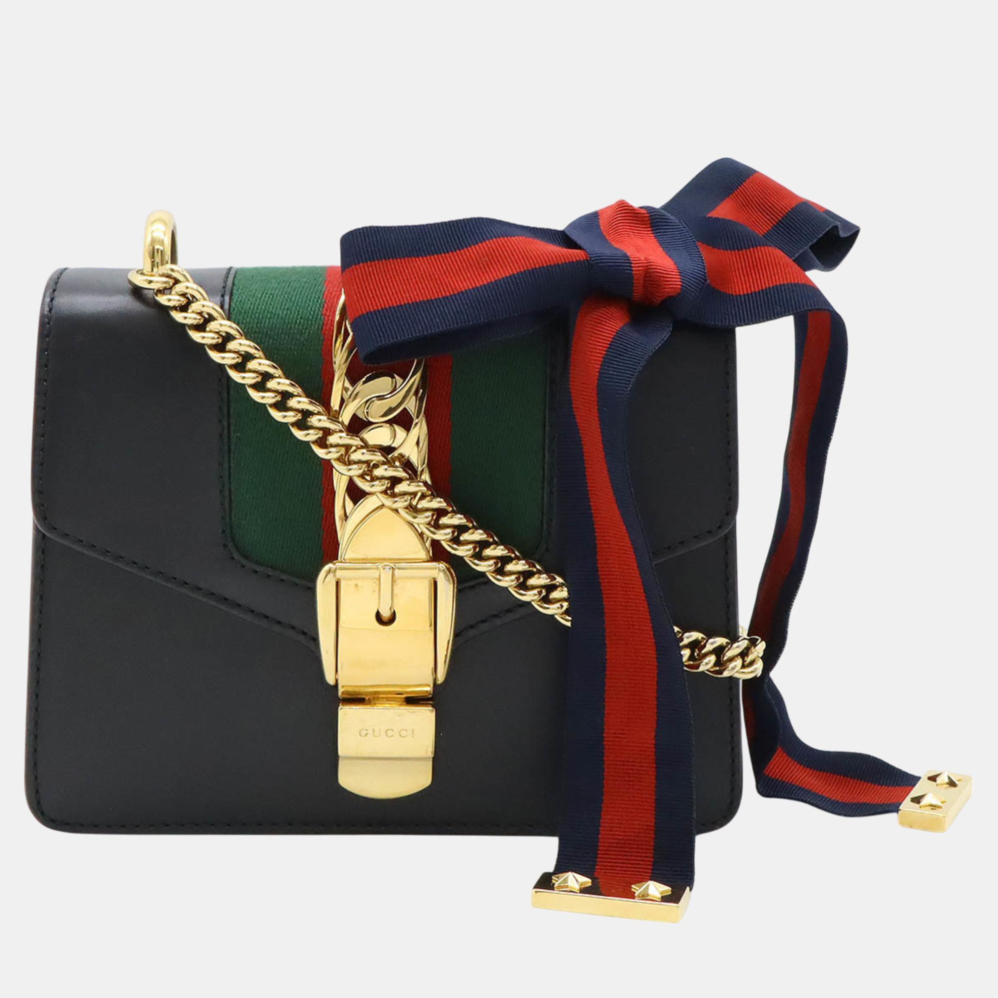 

Gucci Black Leather Sylvie Web Line Ribbon Chain Bag