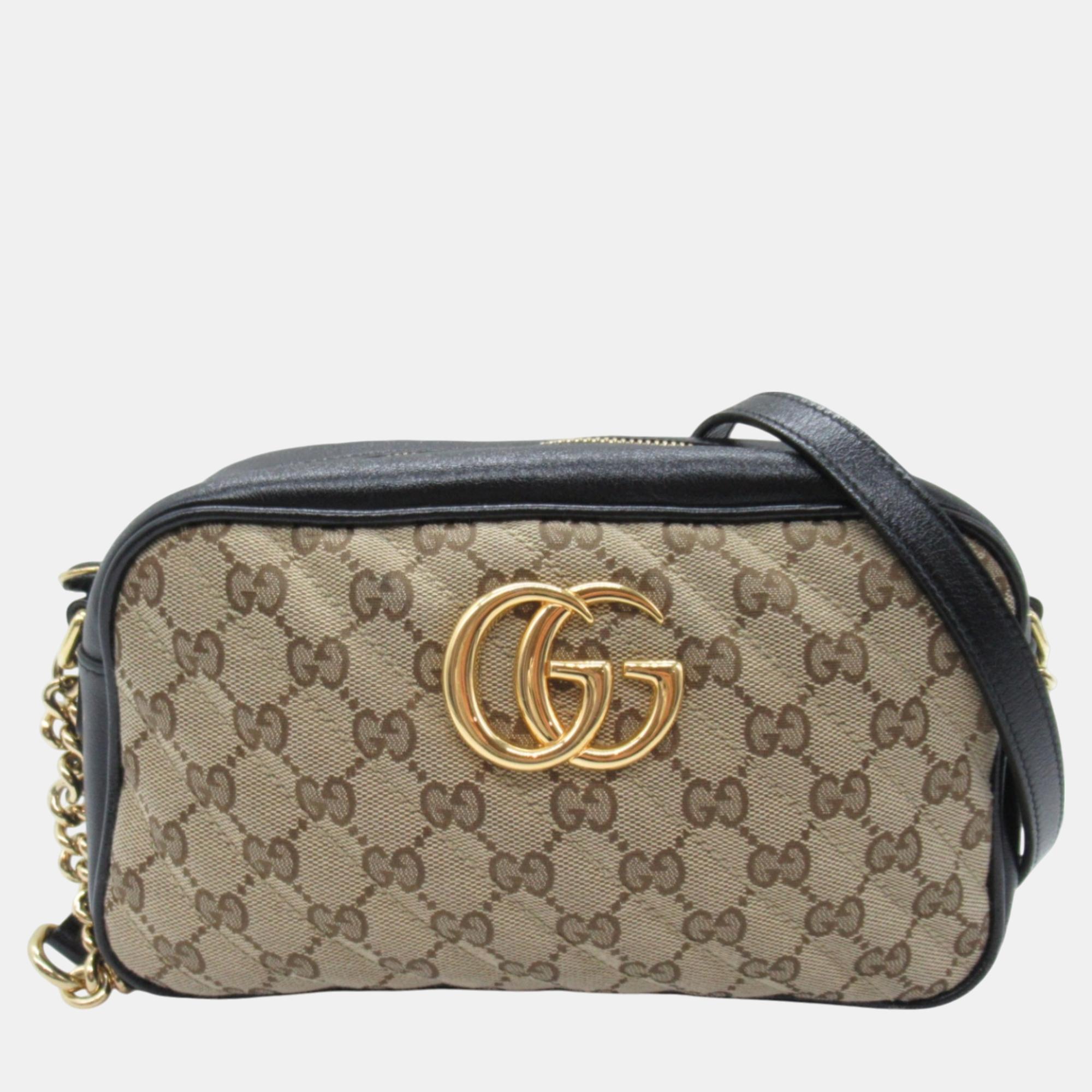 

Gucci Beige Black leather GG canvas GG Marmont Shoulder Bag