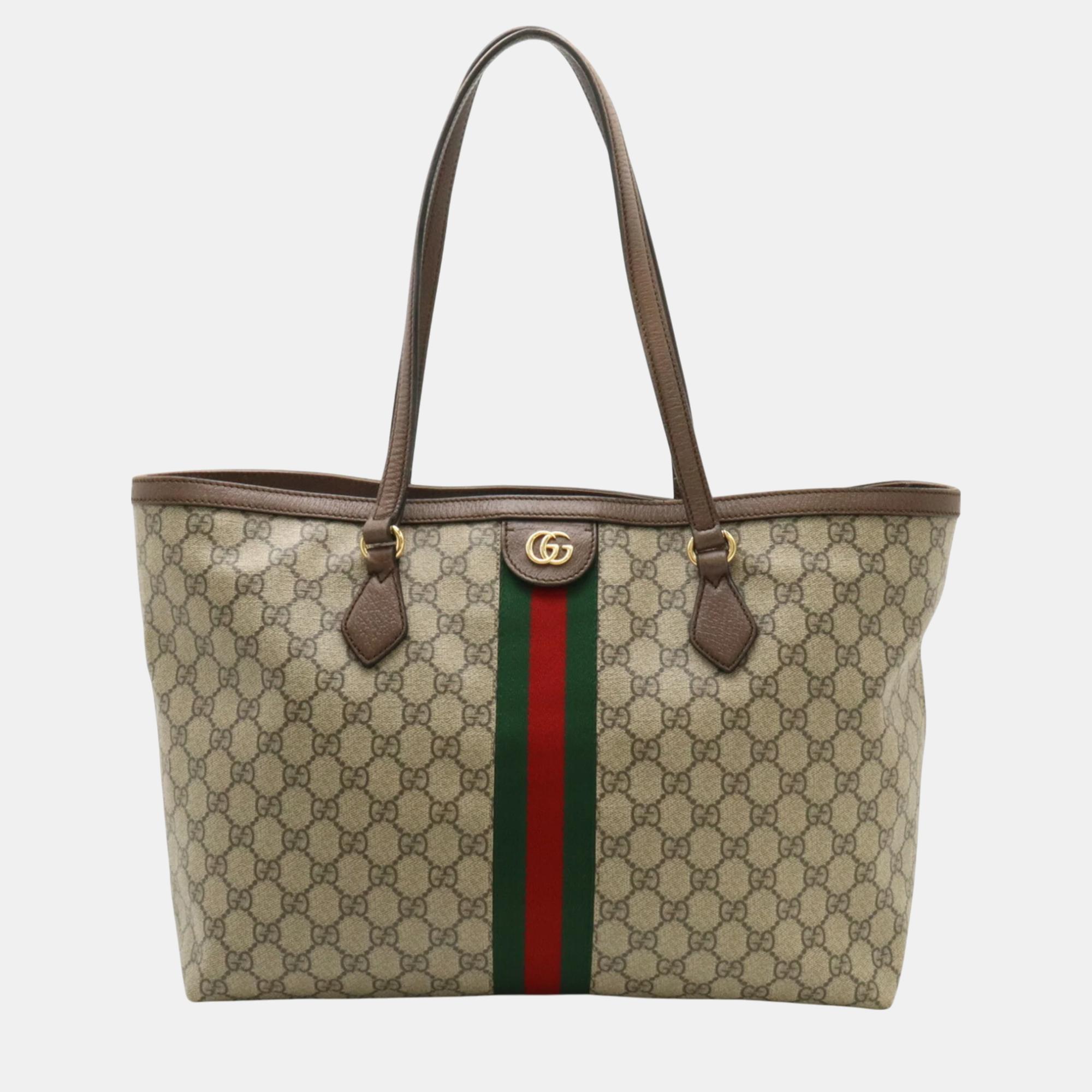 

Gucci Beige Mocha Brown PVC Leather Ophidia GG Medium Tote Bag