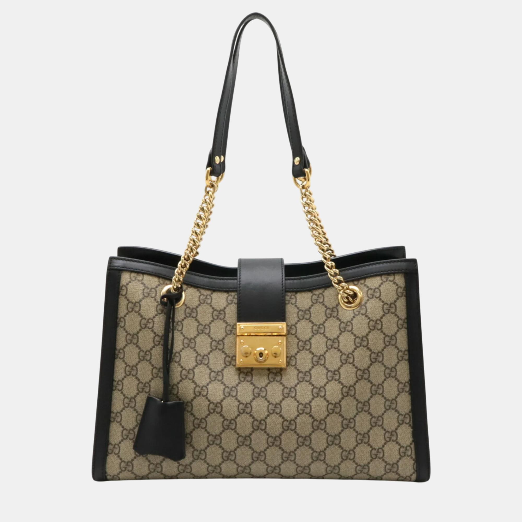 

Gucci Beige Black PVC Leather Padlock GG Medium Shoulder Bag