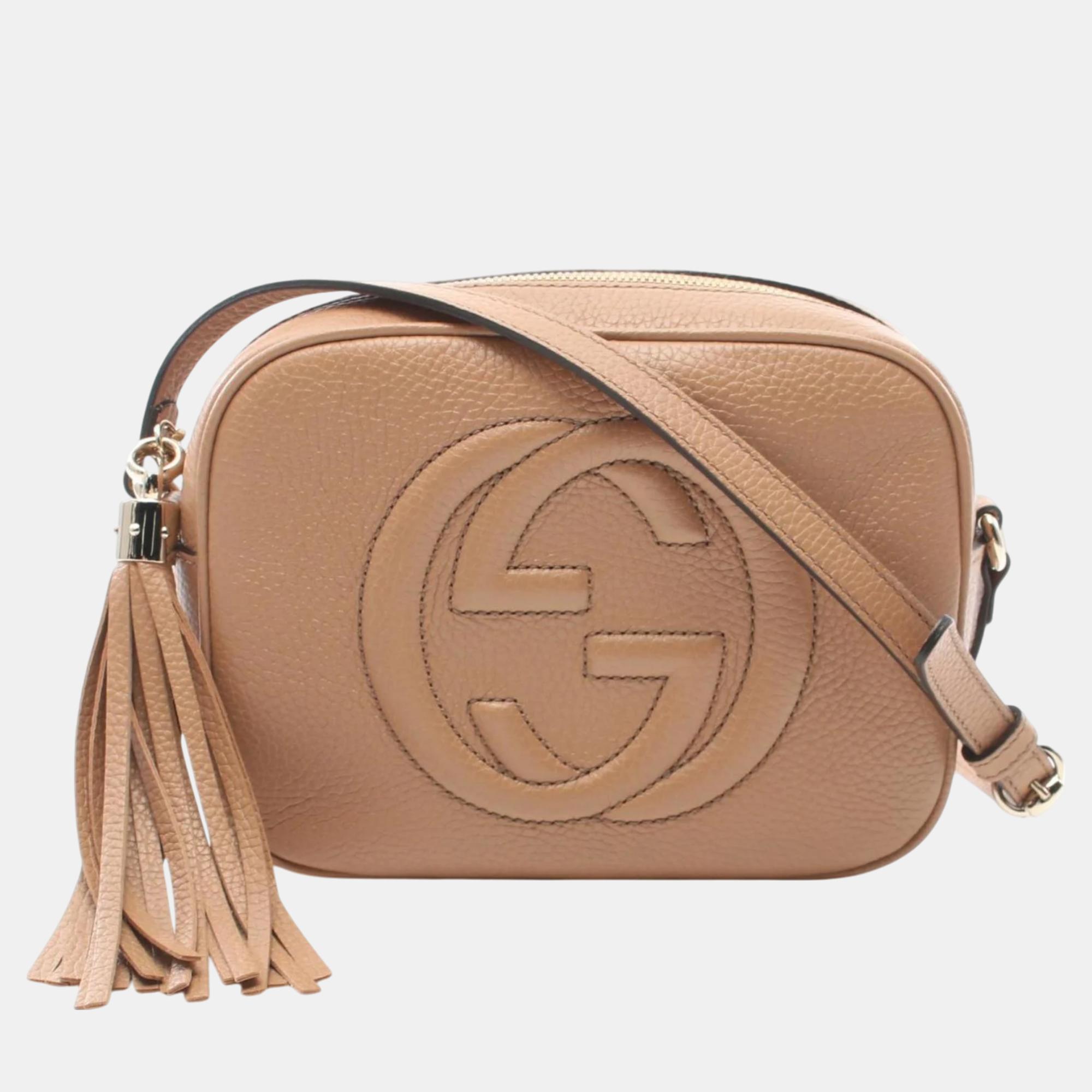 Pre-owned Gucci Beige Leather Soho Disco Interlocking G Shoulder Bag