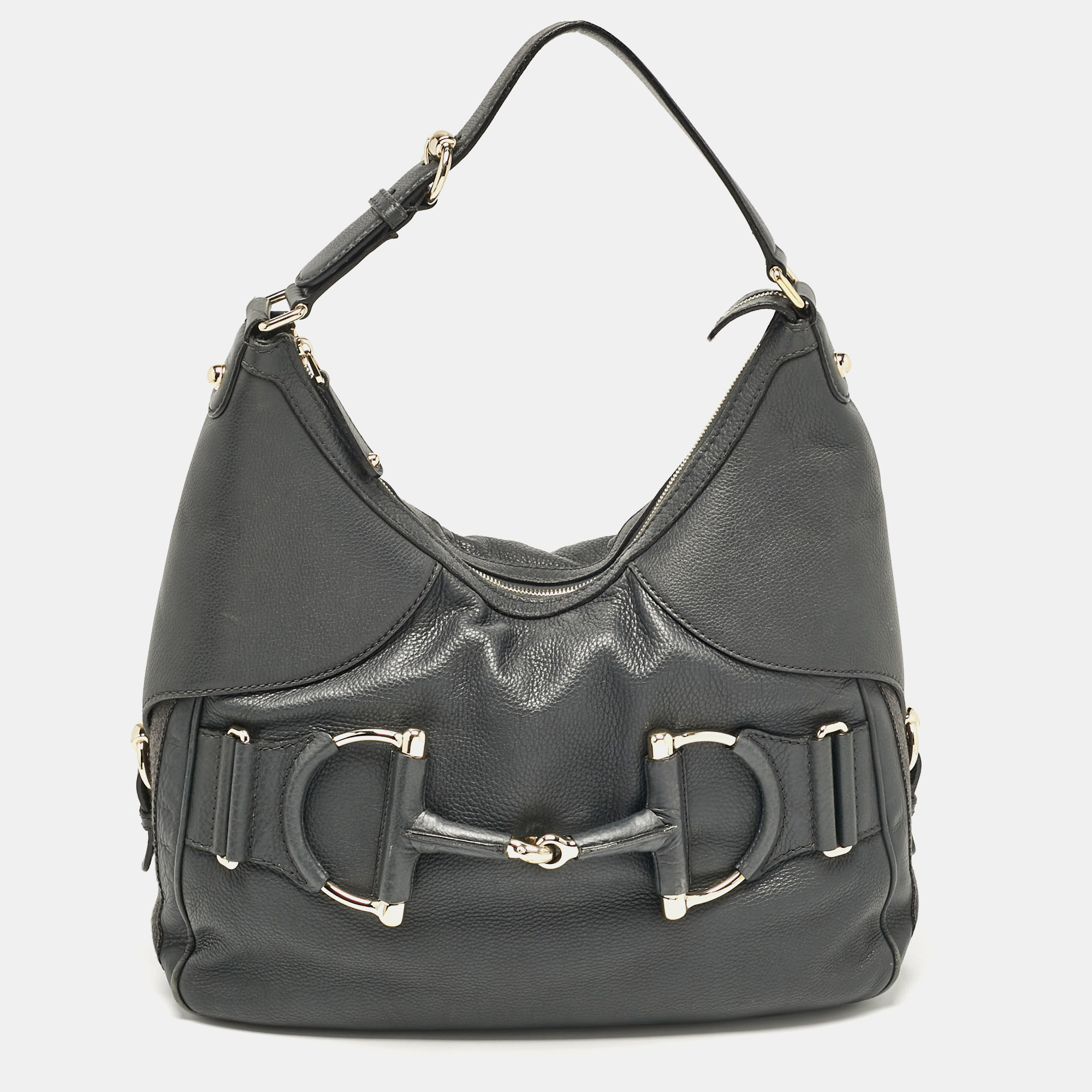 

Gucci Dark Grey Leather Medium Web Horsebit Heritage Hobo