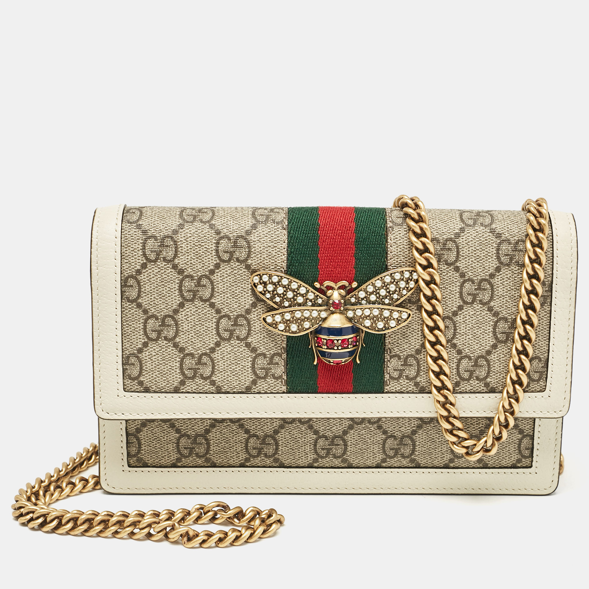 

Gucci White/Beige GG Supreme Canvas and Leather Queen Margaret Wallet On Chain