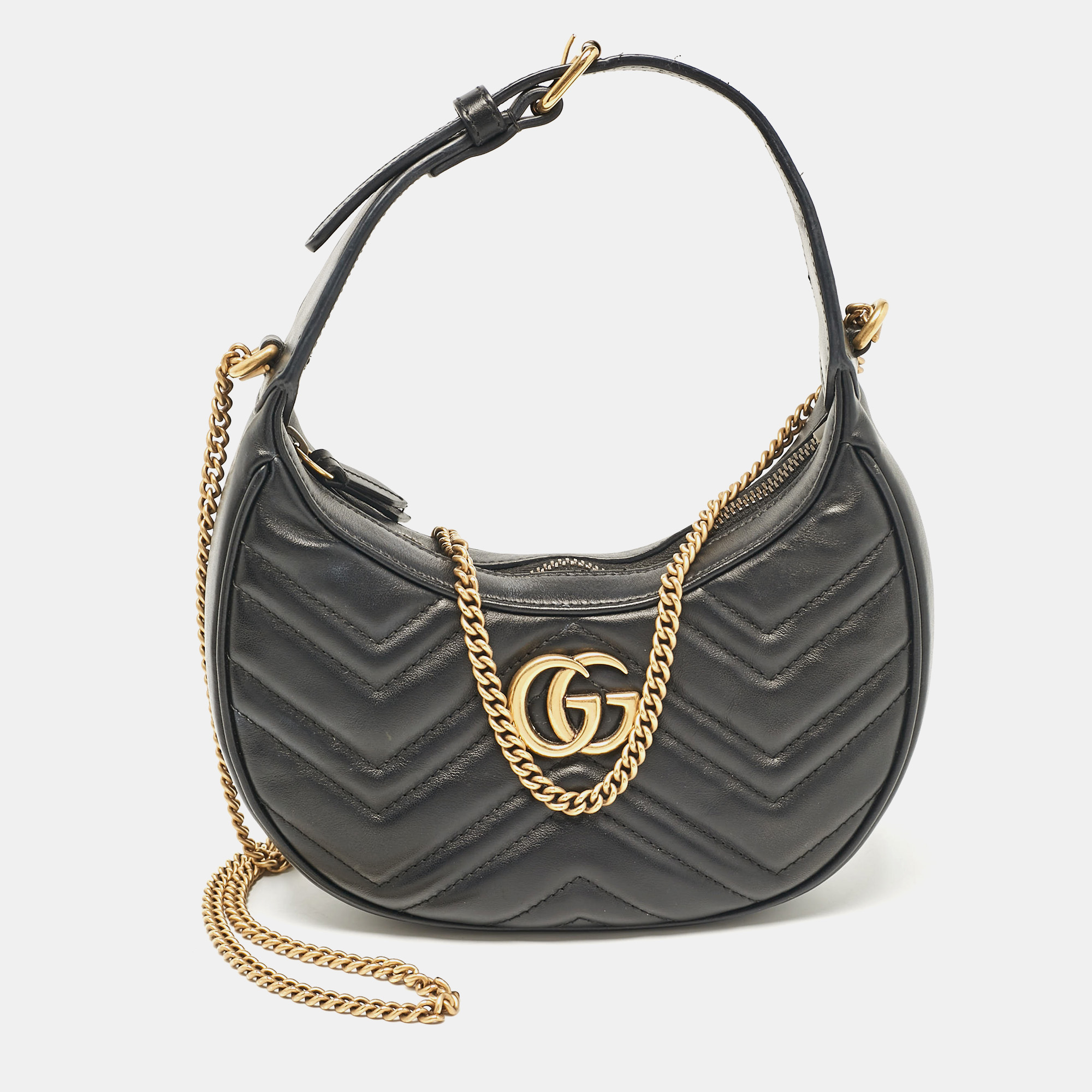 

Gucci Black Matelassé Leather Mini GG Marmont Crescent Shoulder Bag