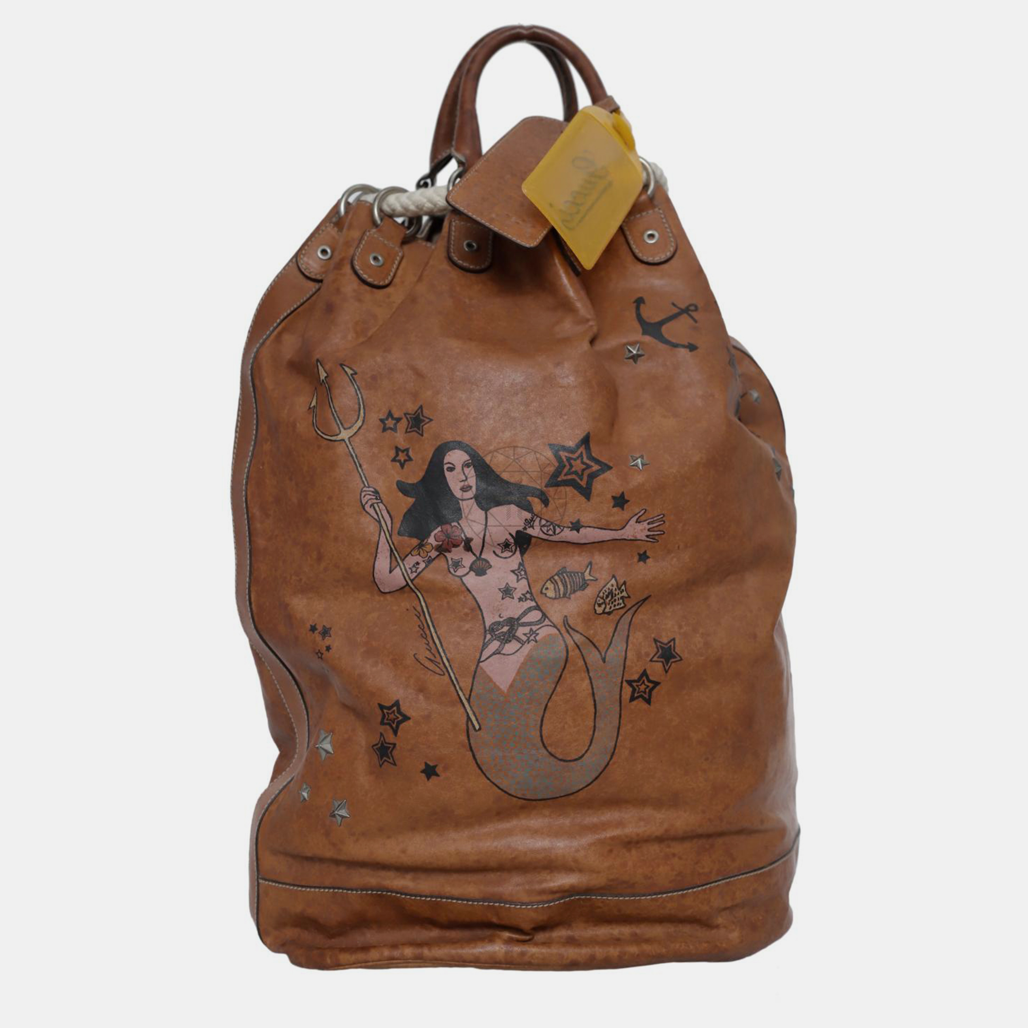 

Gucci Mermaid Printed Drawstring Leather Backpack, Brown