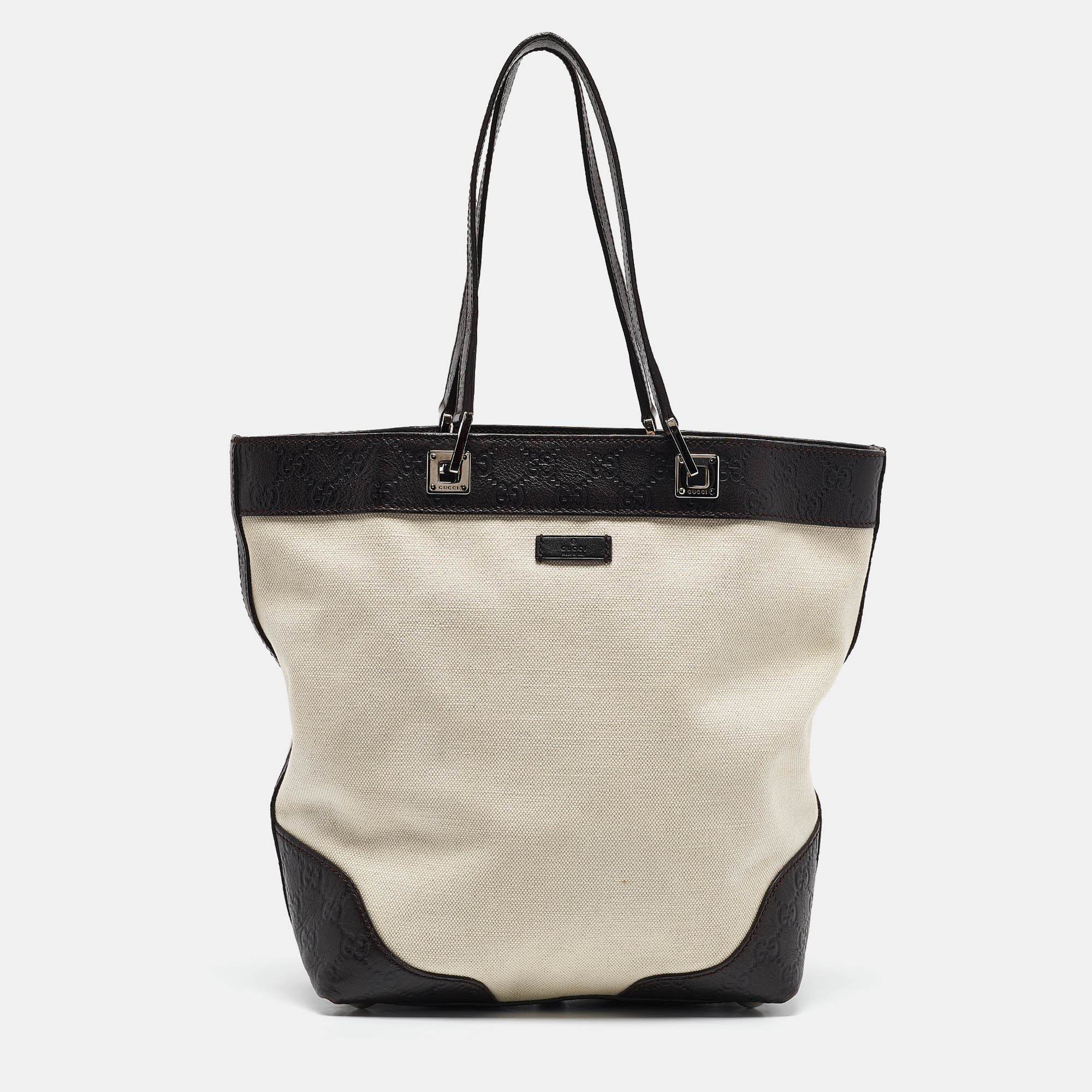 

Gucci Dark Brown/White Canvas and Leather Tote