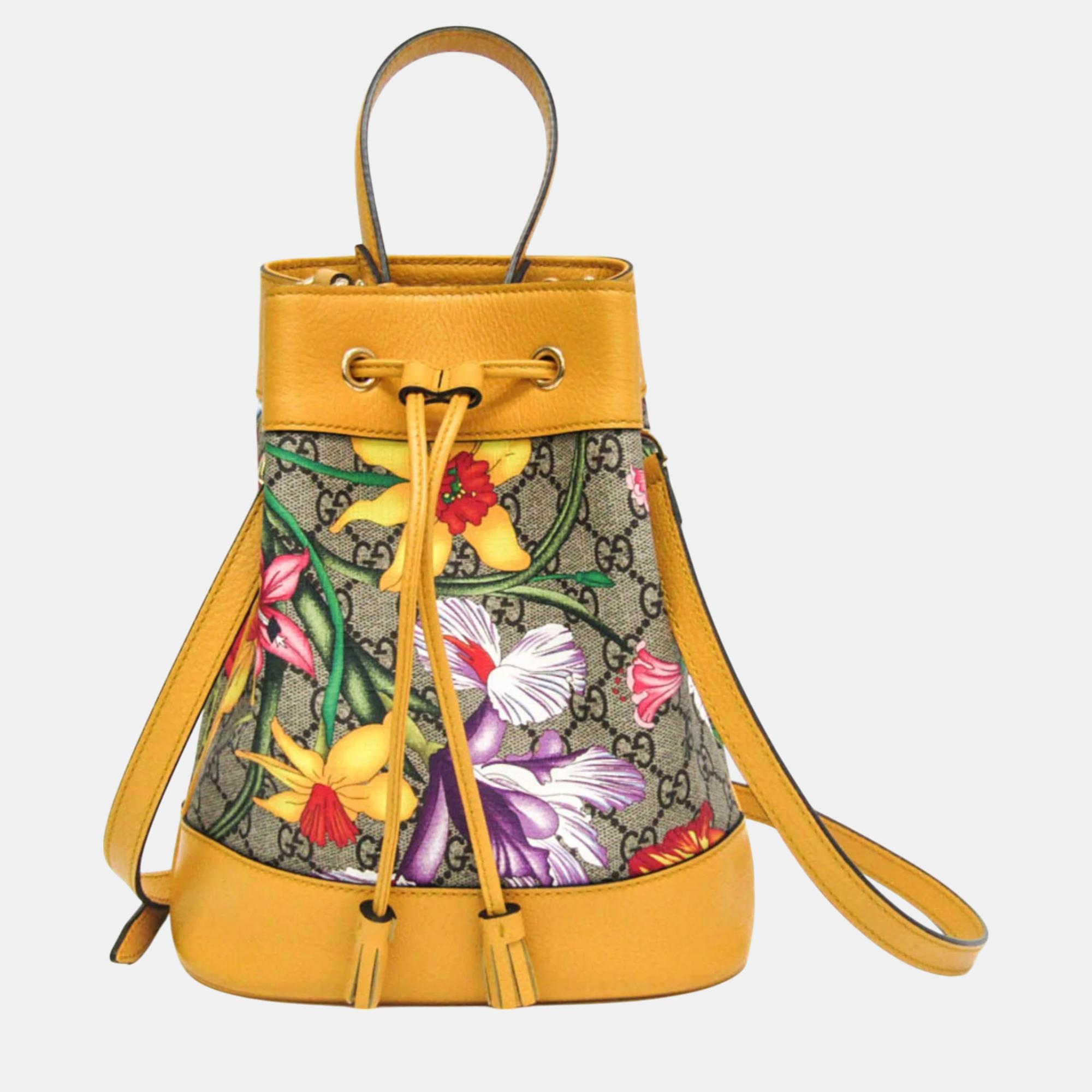 

Gucci Beige Yellow Flora PVC Leather Baguette Bag