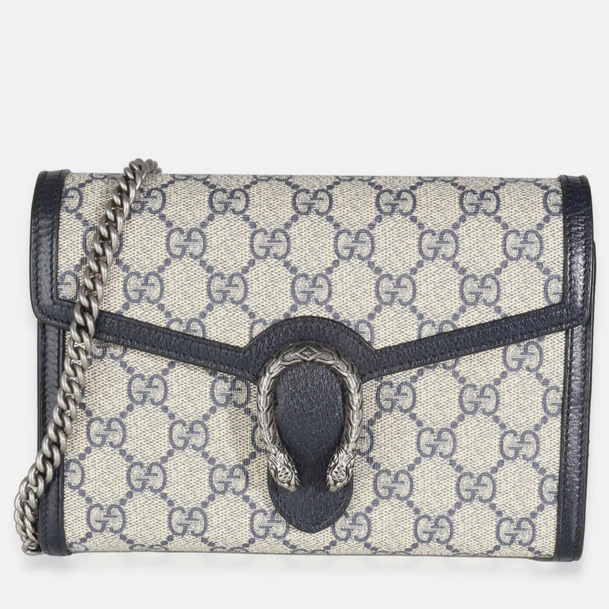 

Gucci Navy GG Supreme Canvas Mini Dionysus Chain Wallet, Beige