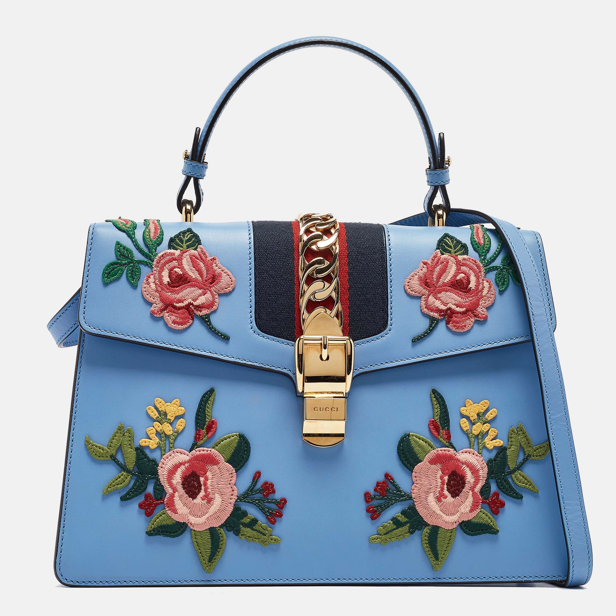 

Gucci Blue Leather  Floral Embroidered Sylvie Top Handle Bag