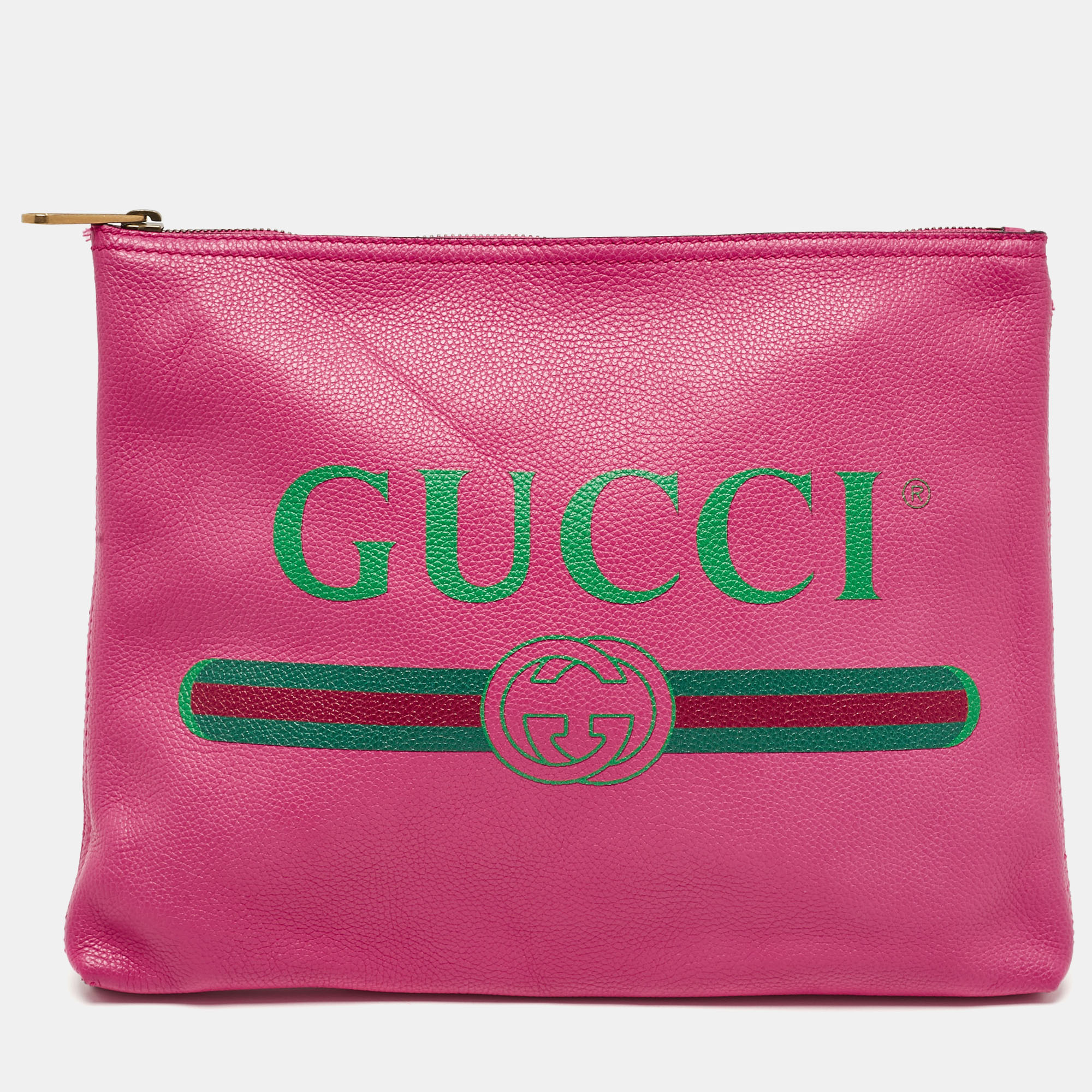 

Gucci Fuchsia Leather Logo Print Zip Pouch, Pink