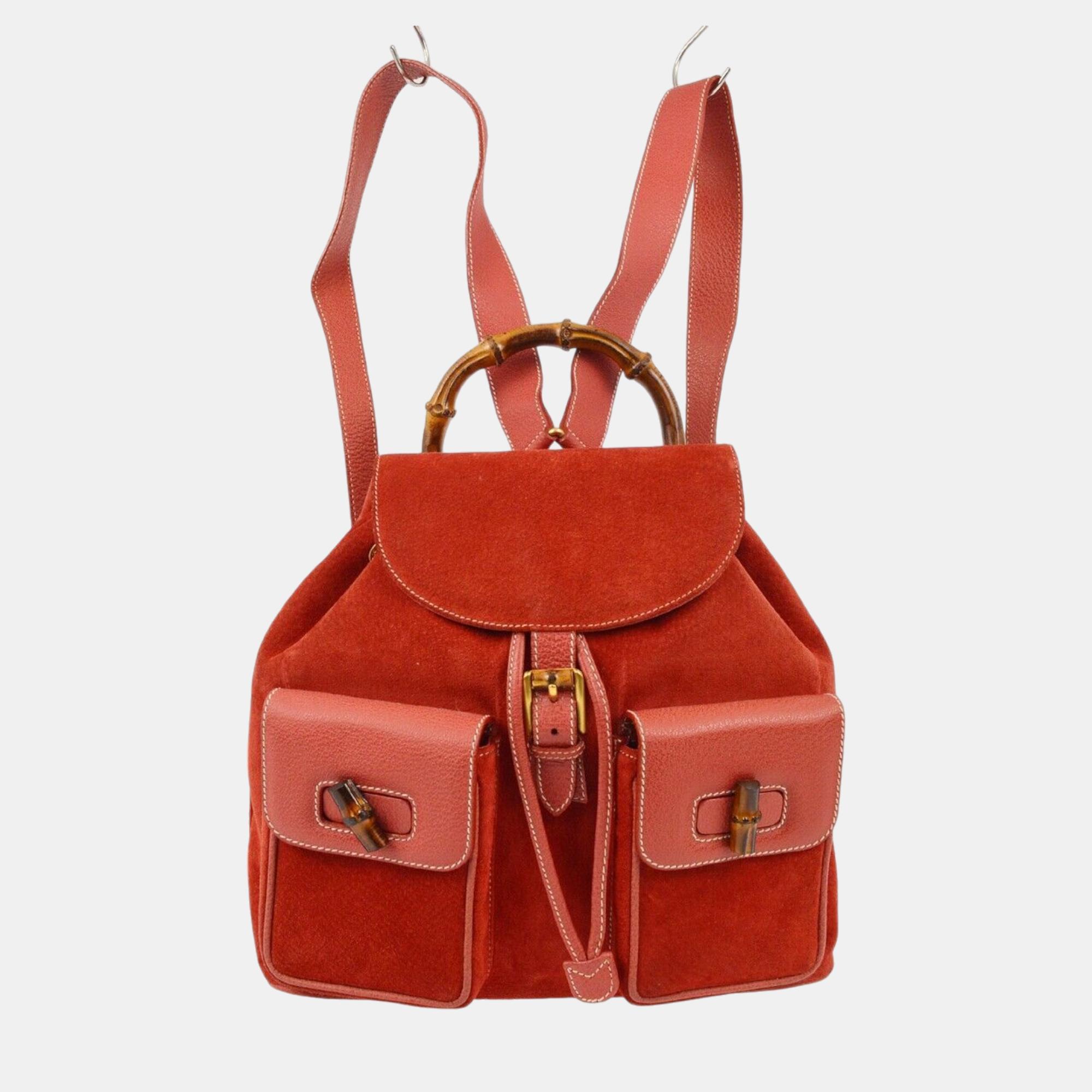 

Gucci Red Suede Bamboo Backpack