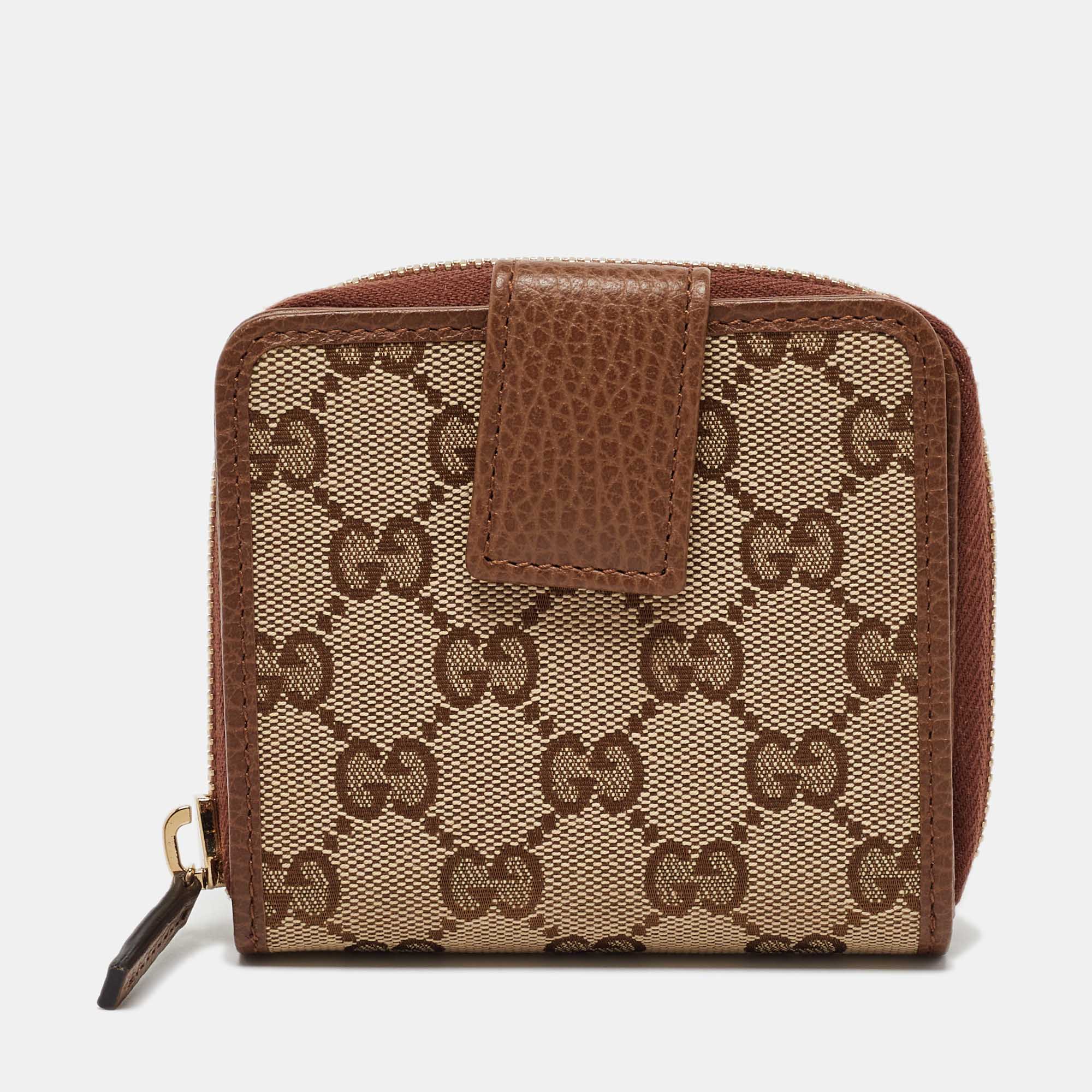 

Gucci Beige/Brown GG Canvas and Leather Emblem Zip Mini Wallet