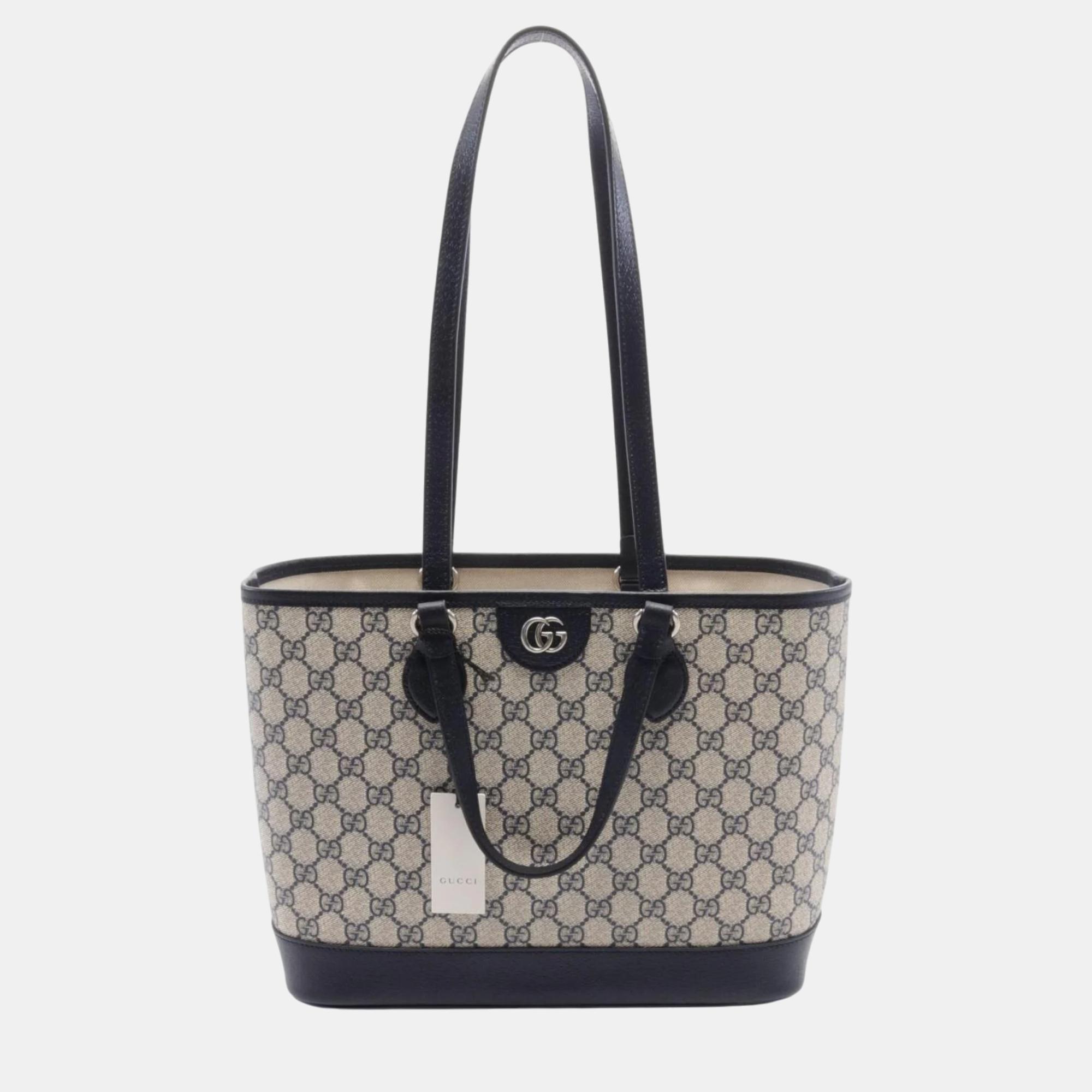 

Gucci Coated Canvas Leather Navy Beige Ophidia Small Gg Supreme Tote Bag