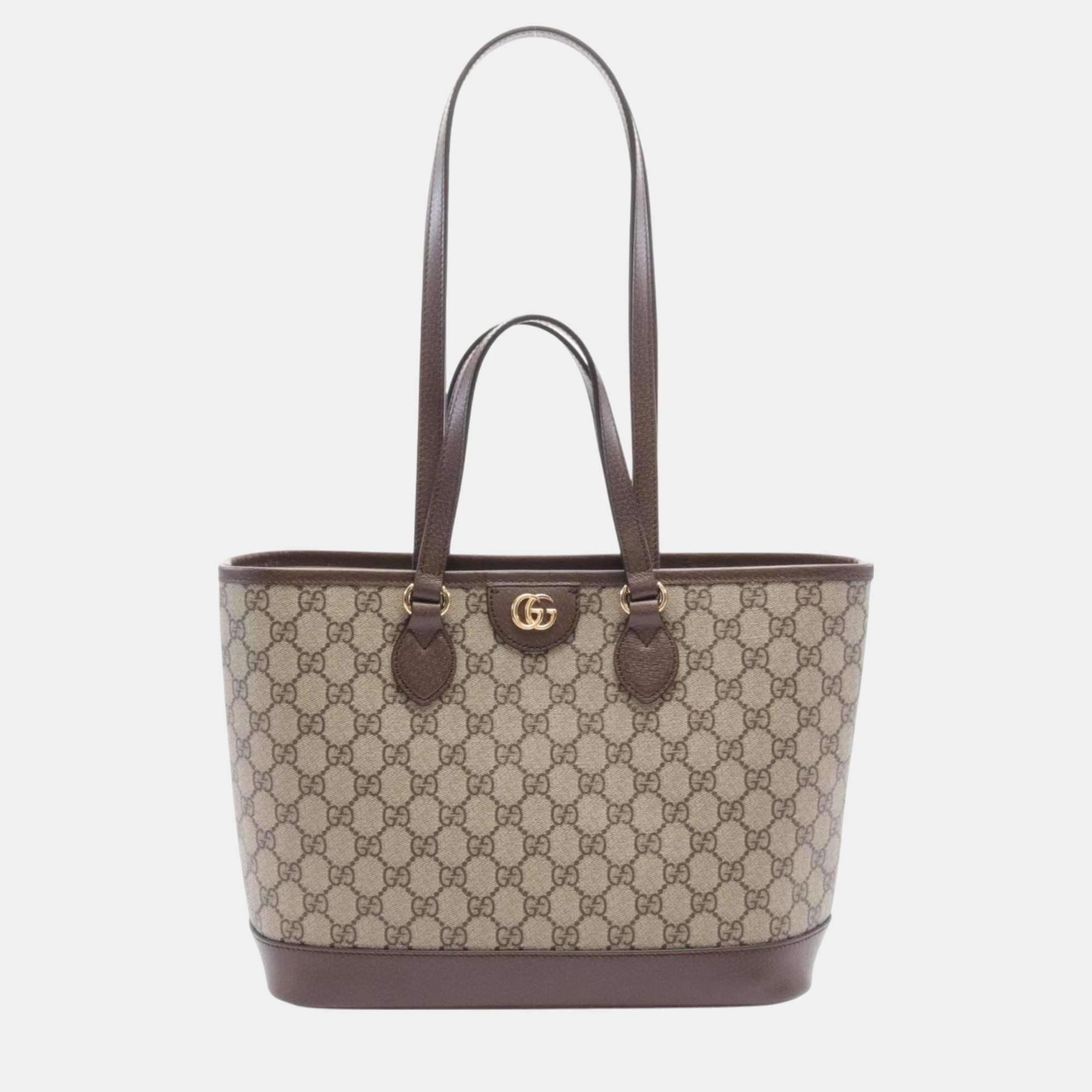 

Gucci Coated Canvas Leather Beige Brown Ophidia Small Gg Supreme Tote Bag