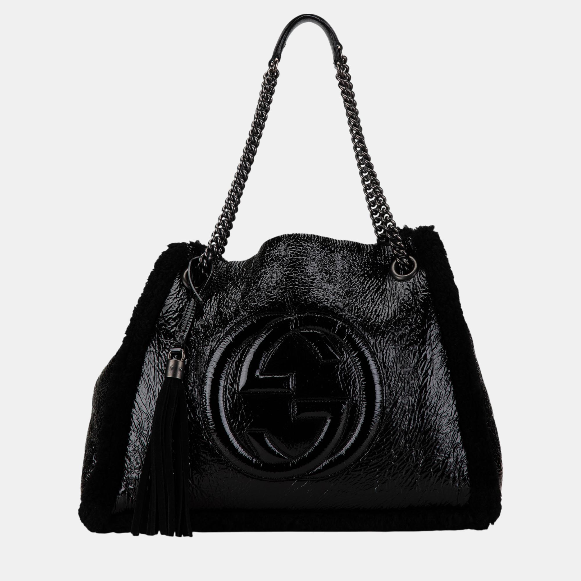 

Gucci Black Medium Patent Shearling Soho Chain Tote