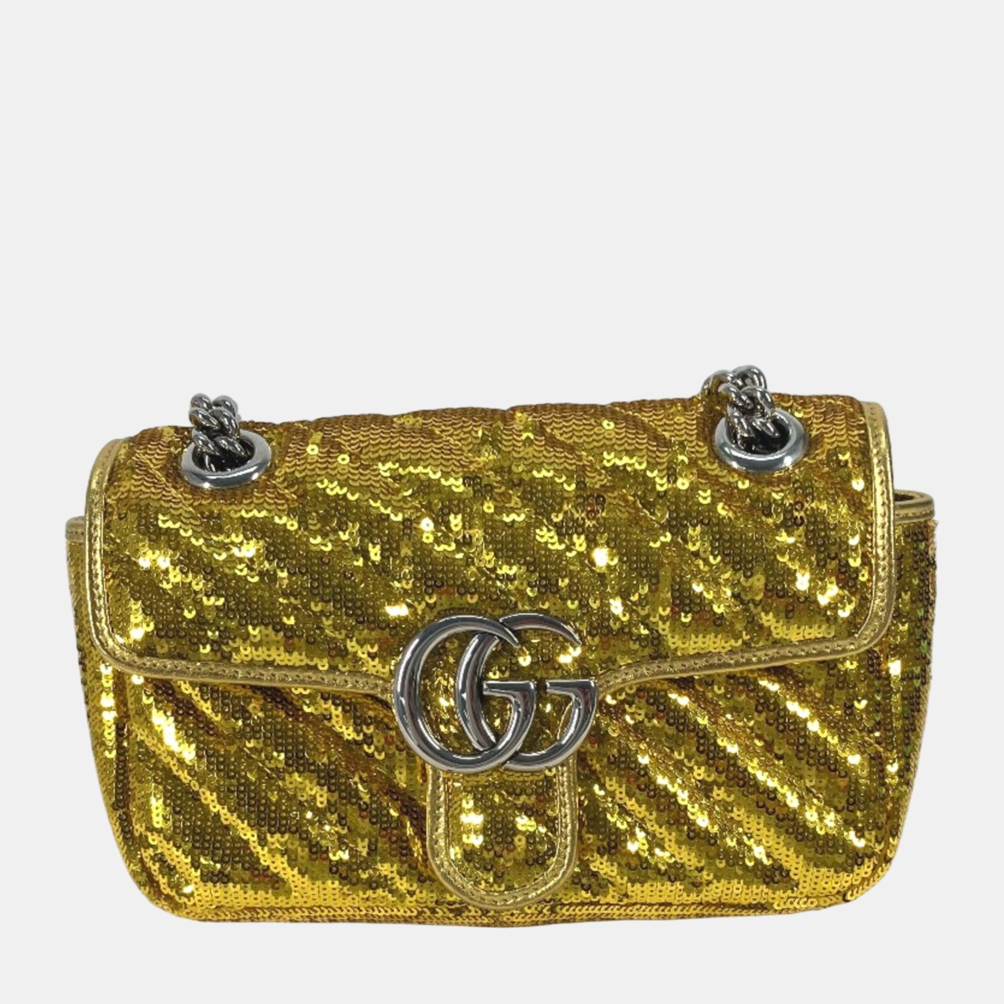 Pre-owned Gucci Yellow Gold Gg Marmont Crossbody Double Chain Shoulder Bag