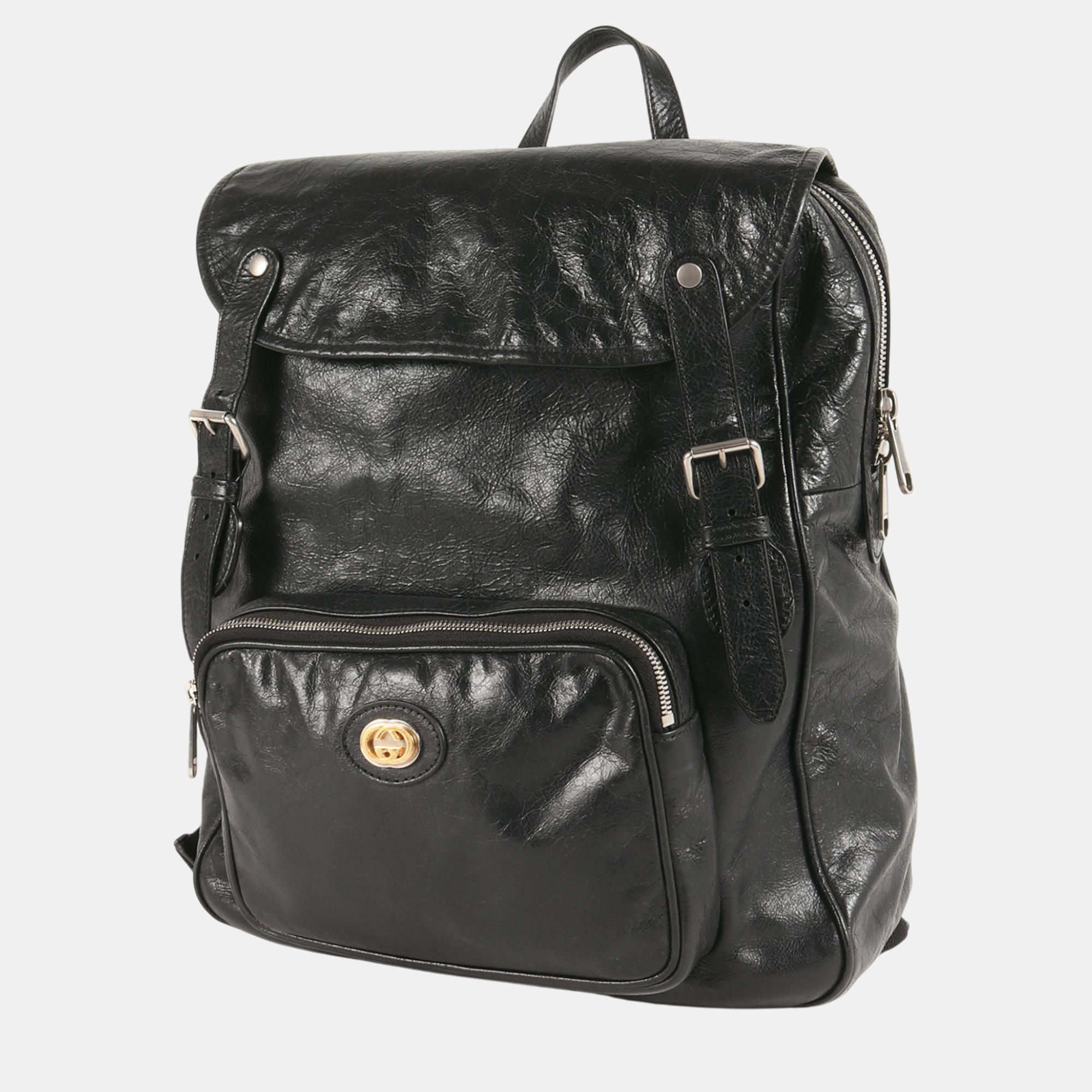 

Gucci Black Luxury Interlocking G Double Flap Leather Backpack