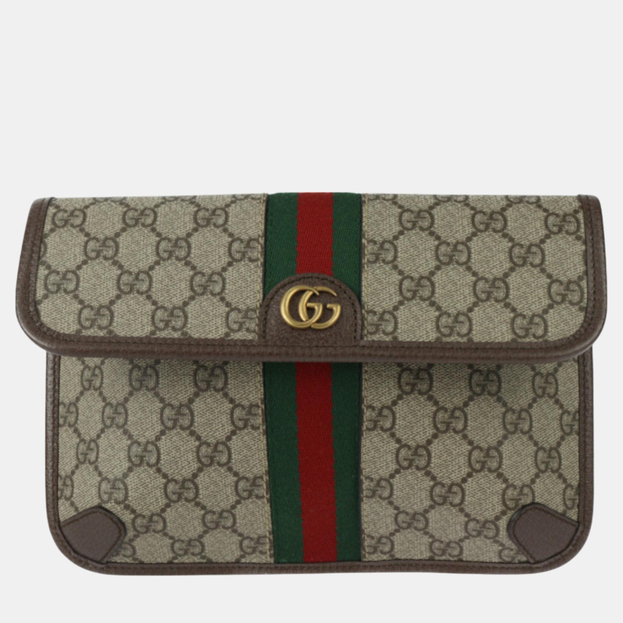 Pre-owned Gucci Supreme Canvas Leather Beige Ebony Gg Ophidia Small Belt Bag