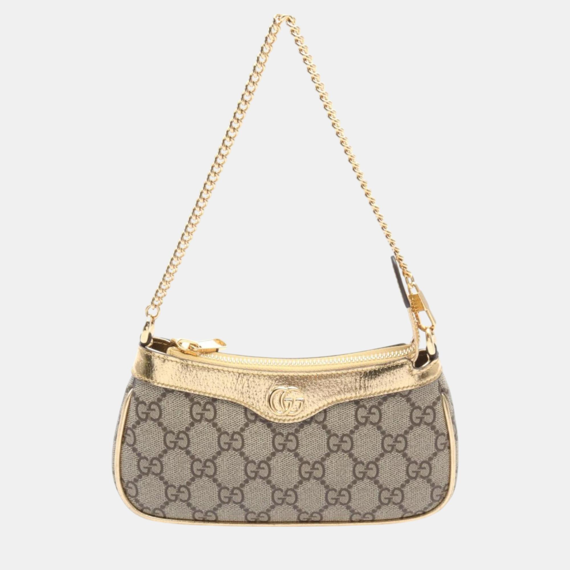 

Gucci Coated Canvas Leather Beige Brown Gold Ophidia Bag GG Supreme Handbag