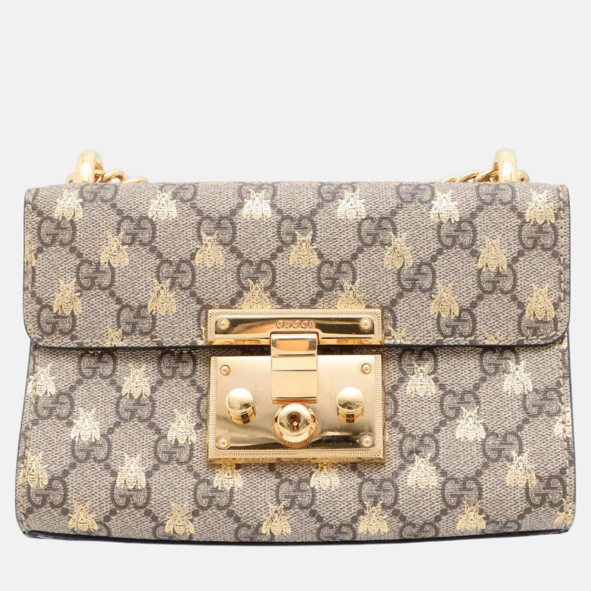 Pre-owned Gucci Padlock Double Chain Shoulder Small Bag In Beige