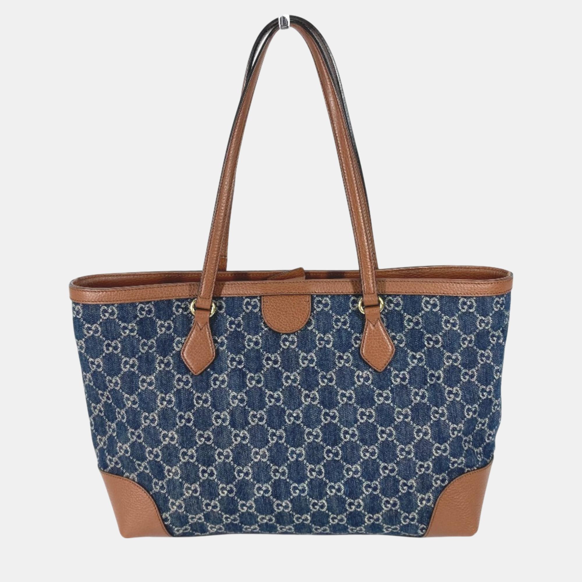 

Gucci Blue Brown Ophidia GG Denim Tote Bag