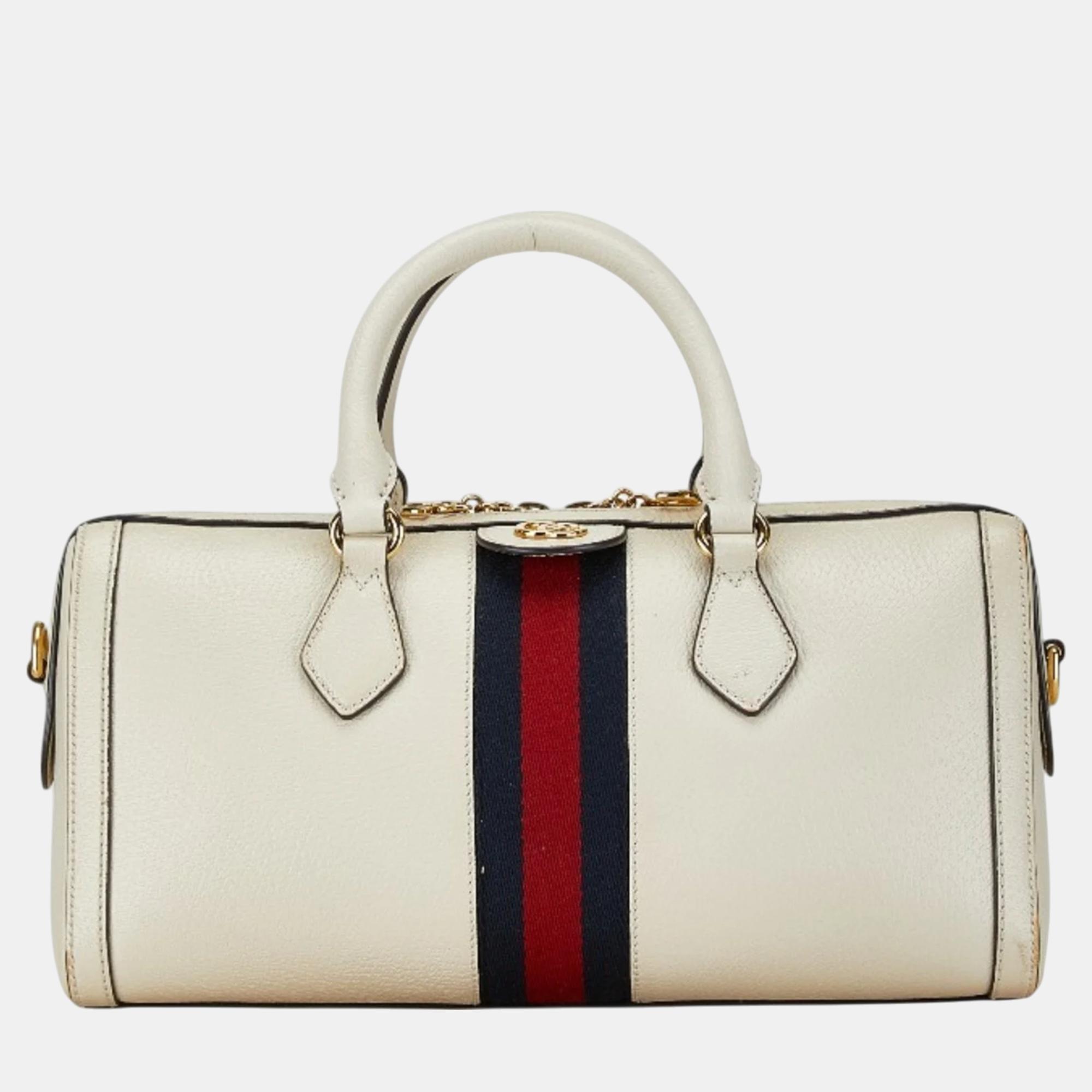 

Gucci White Canvas Leather Ophidia Sherry Line Boston Handbag