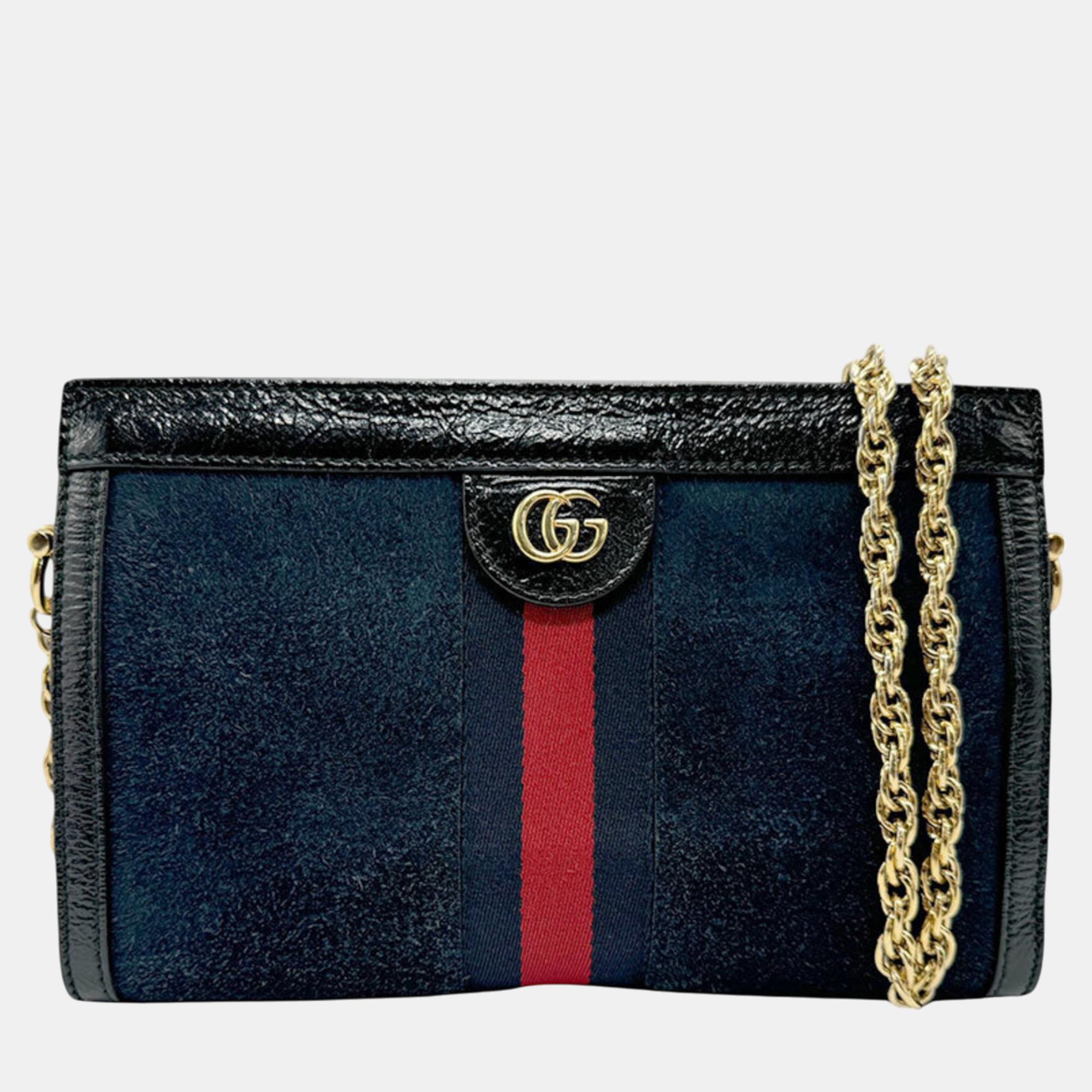 

Gucci Ophidia Suede Leather Navy Red Gold Shoulder Bag, Navy blue