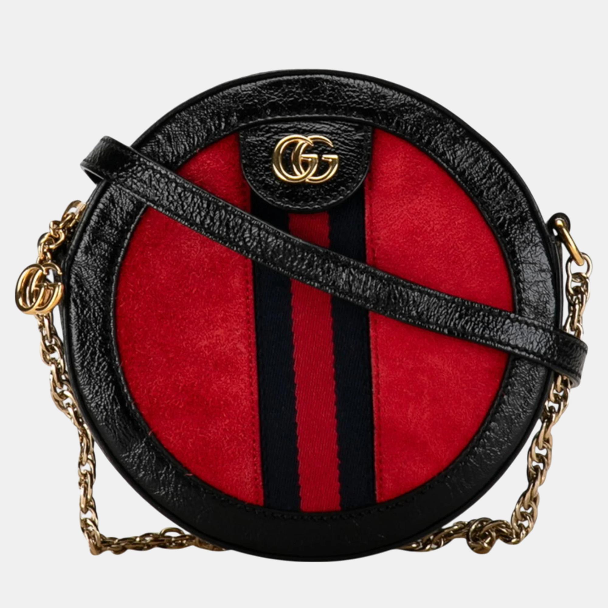 

Gucci Black Red Patent Leather Suede Ophidia GG Marmont Round Chain Shoulder Bag