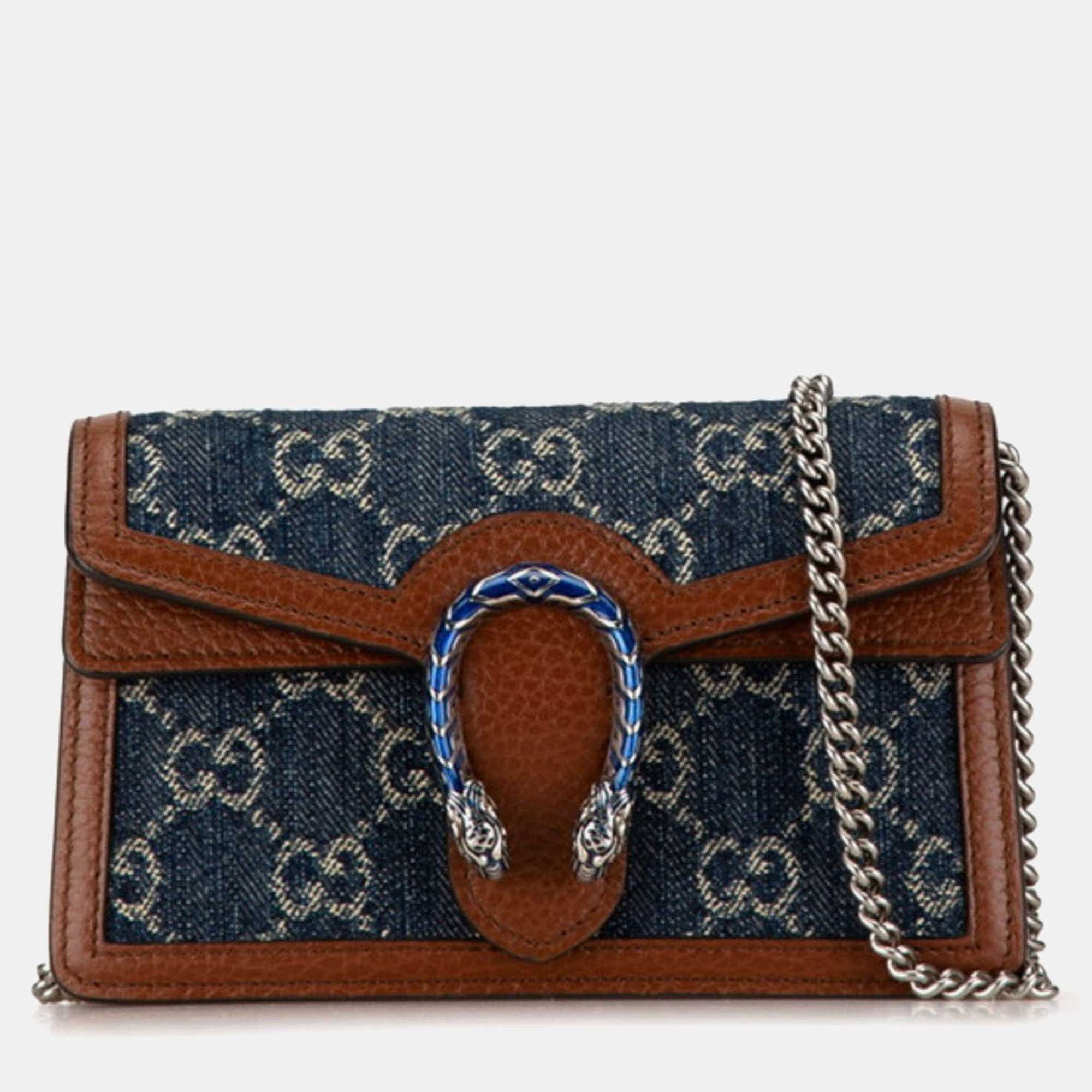 

Gucci Navy Brown Denim Leather Dionysus Chain Shoulder Bag