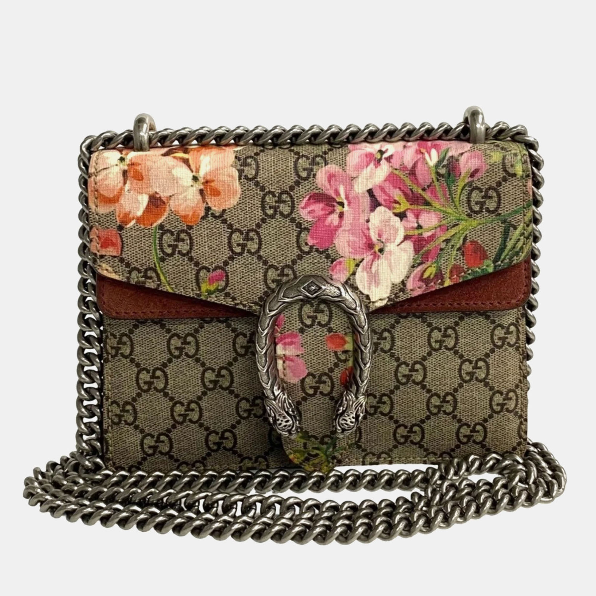 

Gucci Brown Dionysus GG Supreme Flora Flower Leather Chain Semi Shoulder Bag