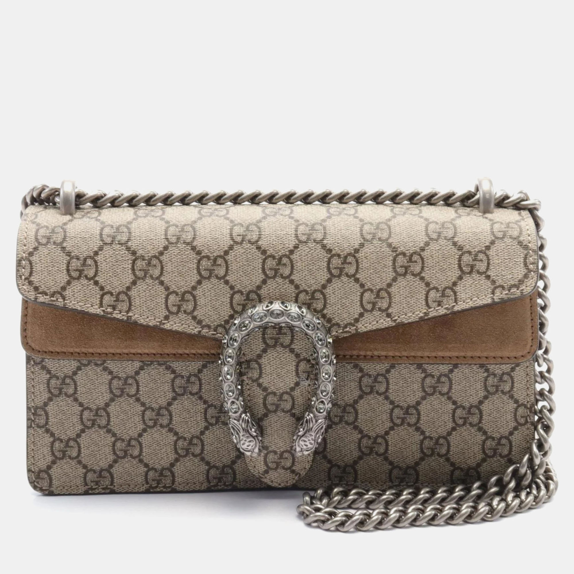 

Gucci Coated Canvas Suede Beige Brown Dionysus Small GG Supreme Shoulder Bag