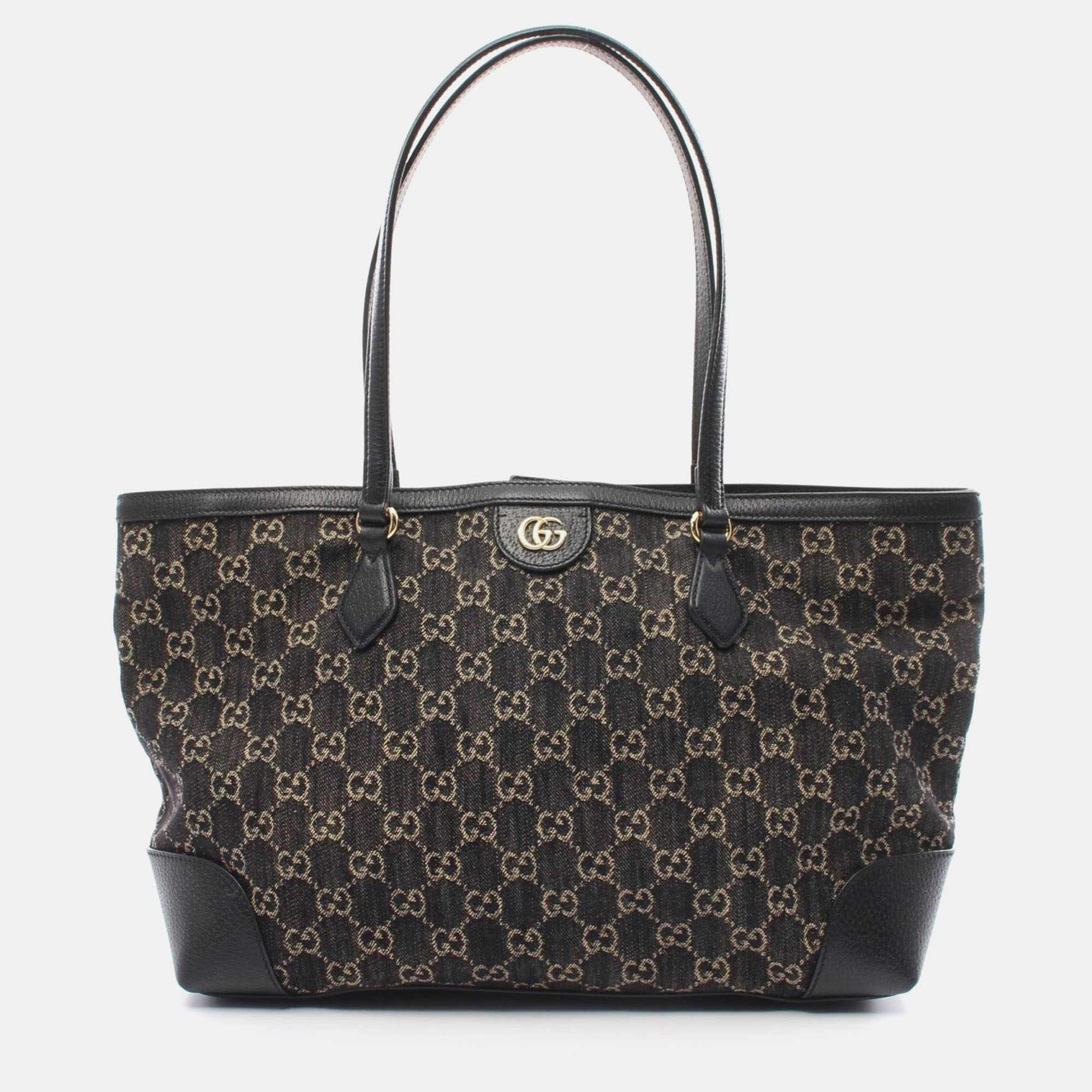 

Gucci Leather Black Beige GG Canvas Medium Tote Bag