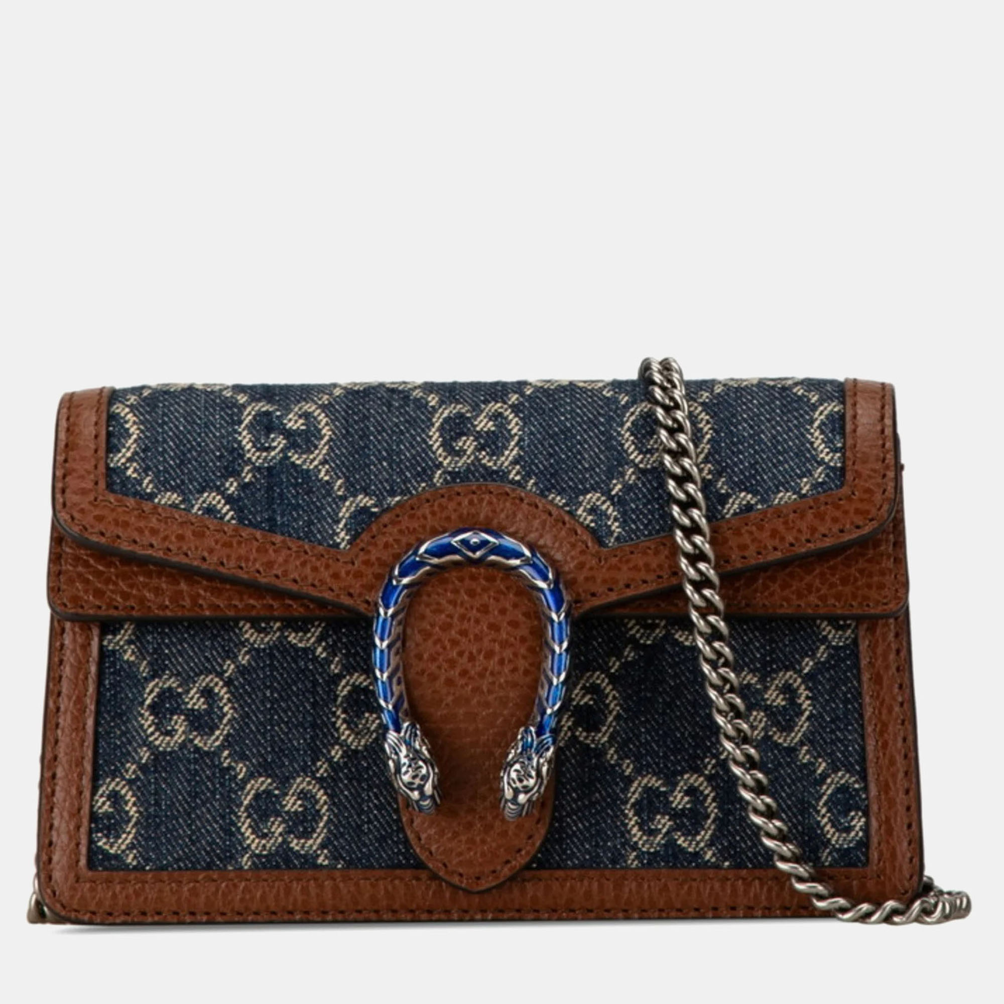 

Gucci Navy Brown Leather GG Denim Dionysus Chain Shoulder Bag