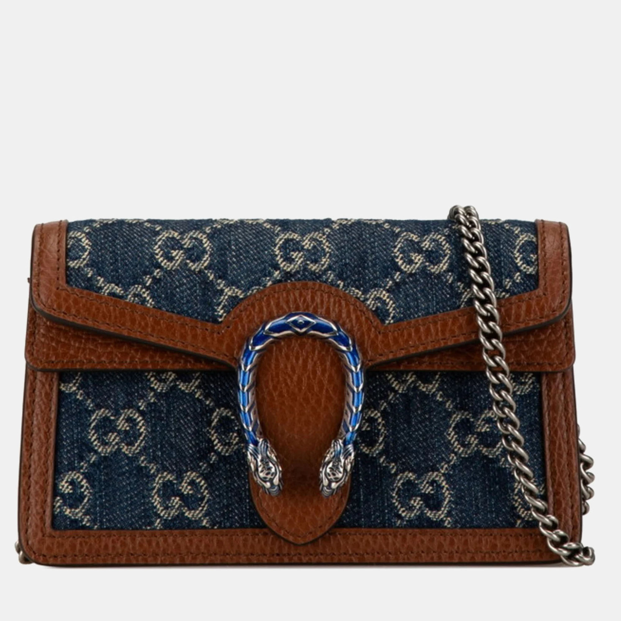 

Gucci Blue Brown Leather GG Denim Dionysus Chain Shoulder Bag