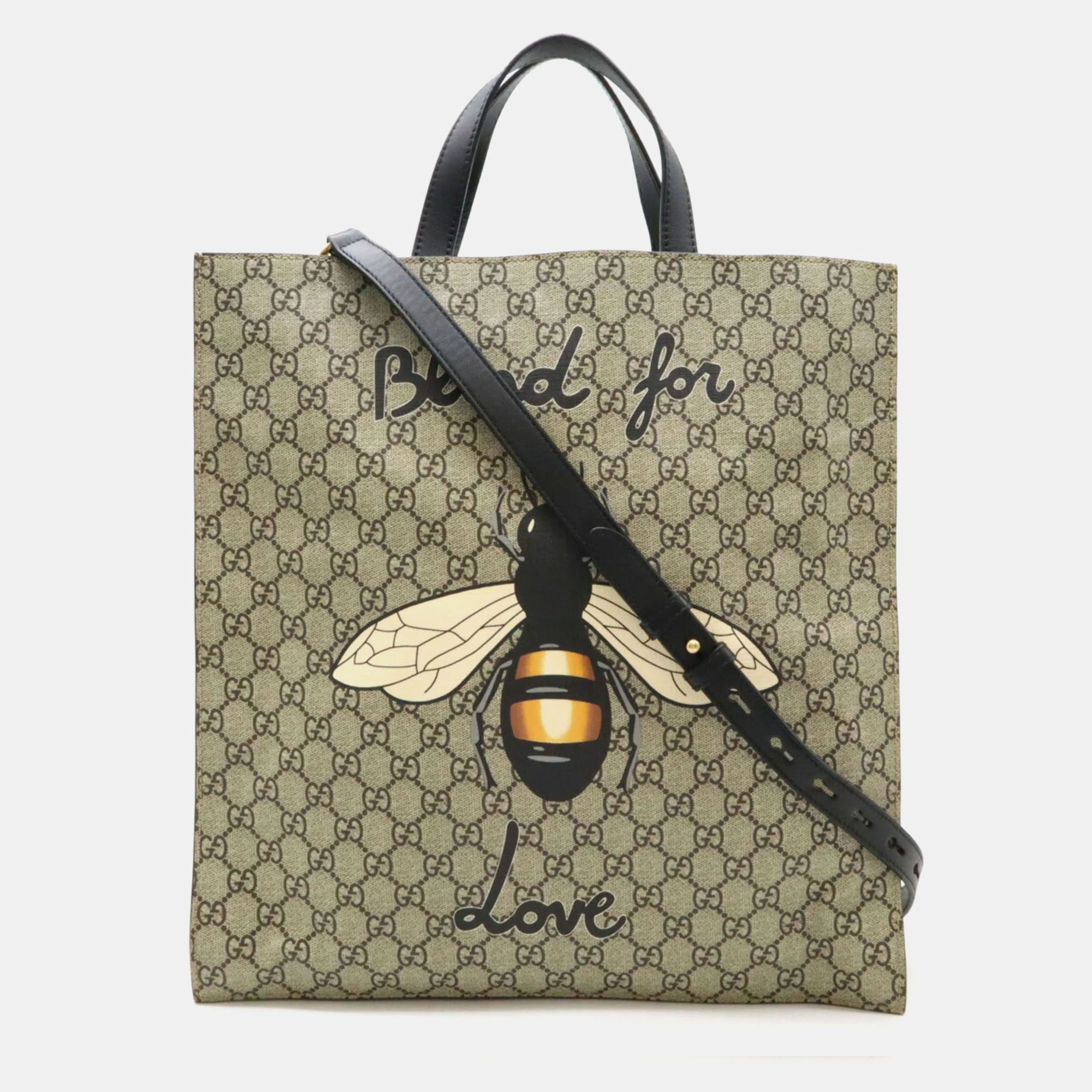 

Gucci PVC Leather Khaki Beige Black GG Supreme Bee 25 Tote Bag