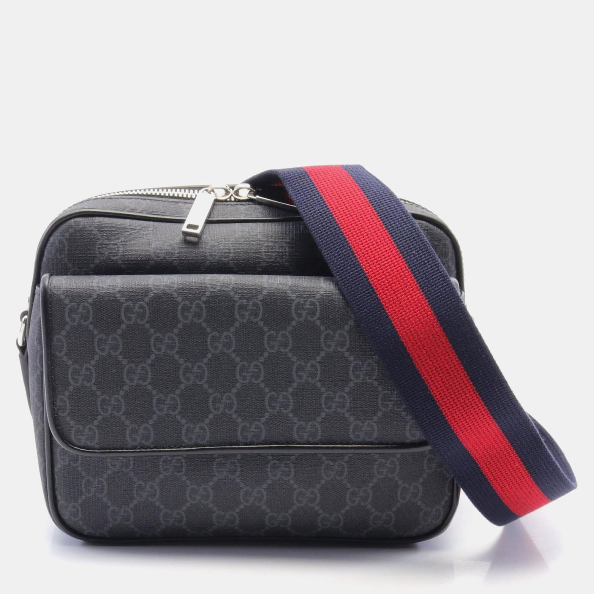 

Gucci Coated Canvas Leather Black Grey GG Supreme Small Crossbody Shoulder Bag