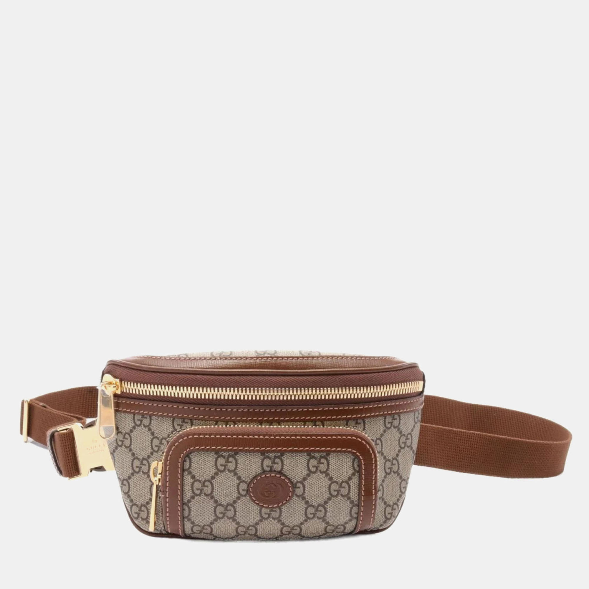 

Gucci Coated Canvas Leather Beige Brown Interlocking G GG Supreme Belt Bag