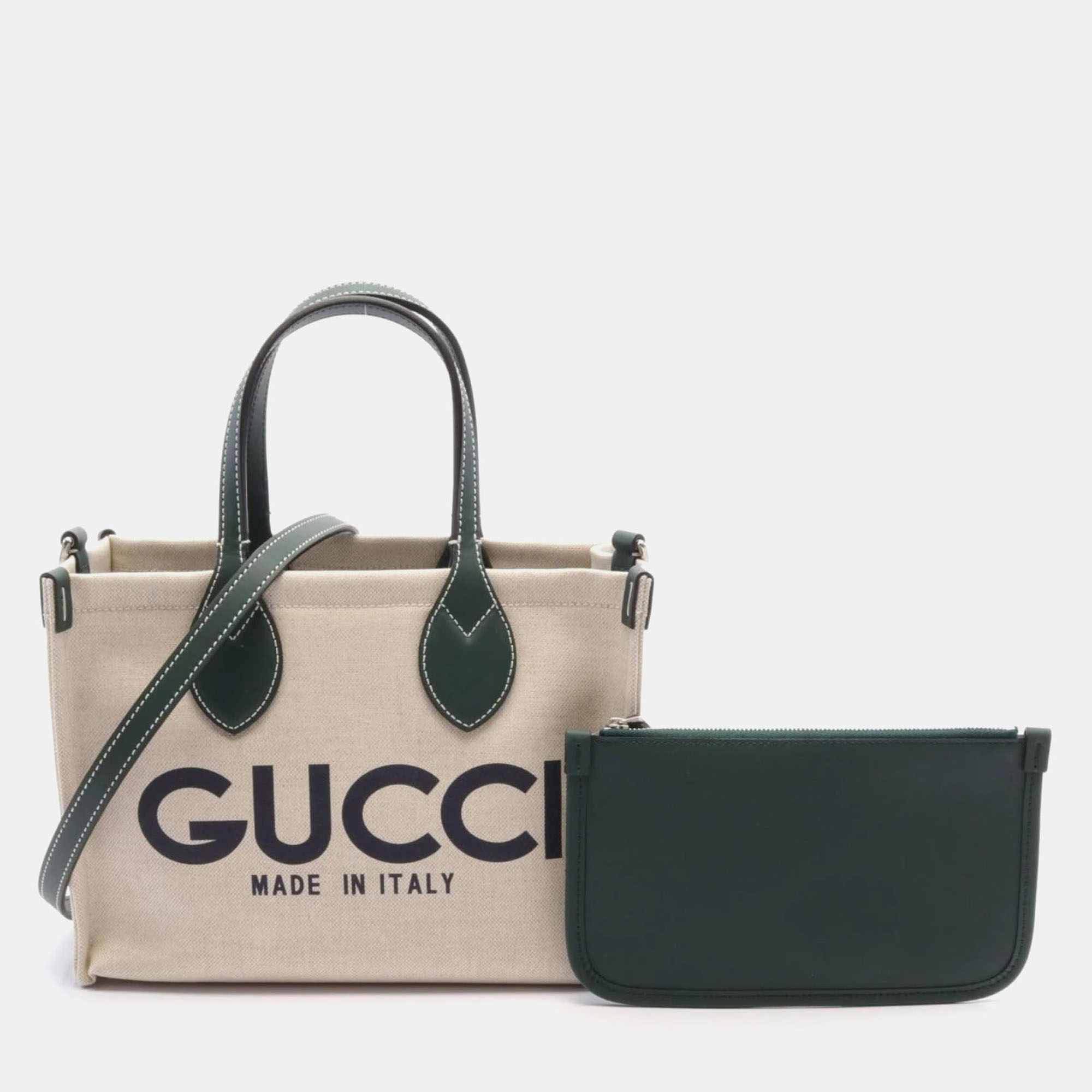 

Gucci Canvas Leather Ivory Green Printed Tote Bag, Cream