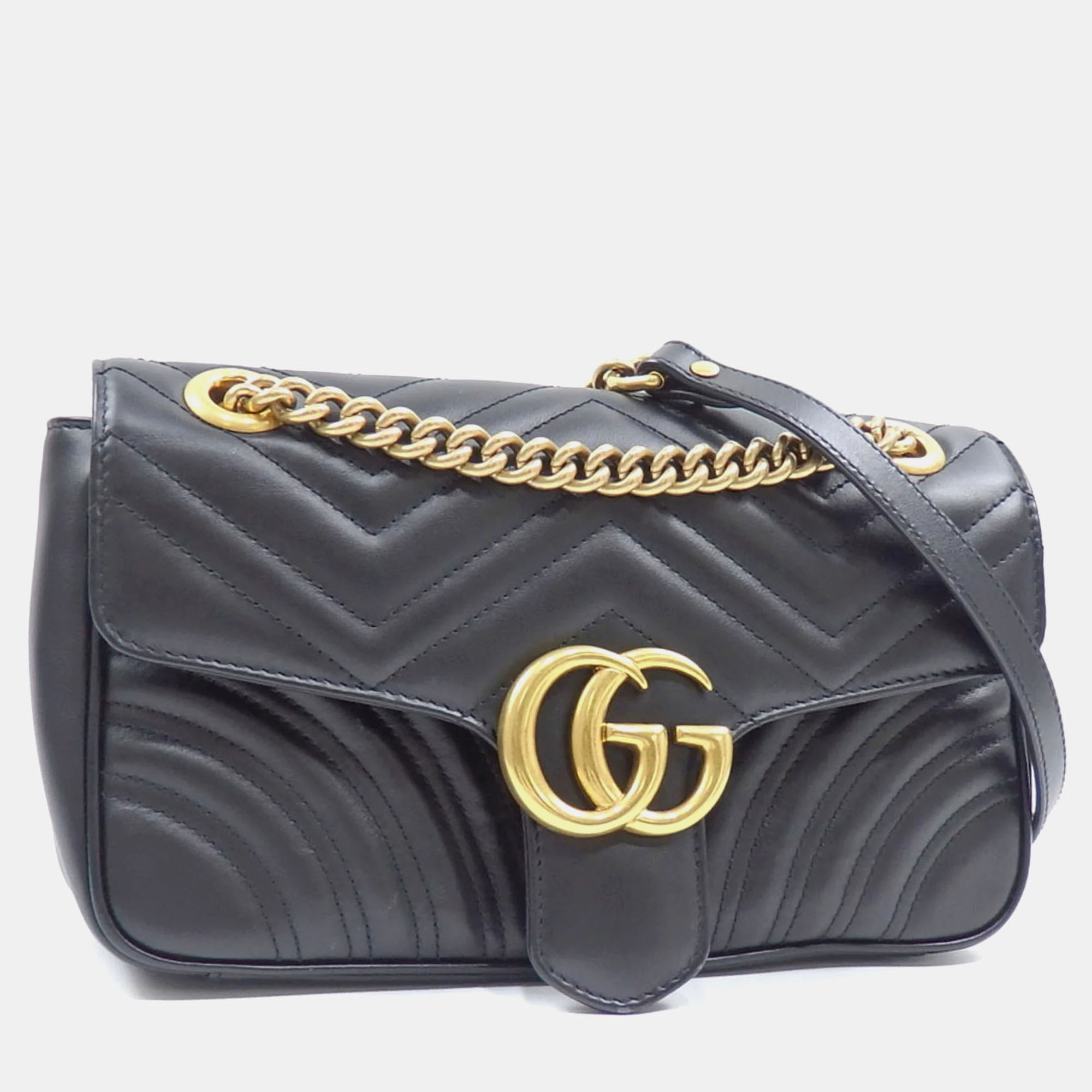 

Gucci Black Leather GG Marmont Heart Chain Quilted Small Shoulder Bag