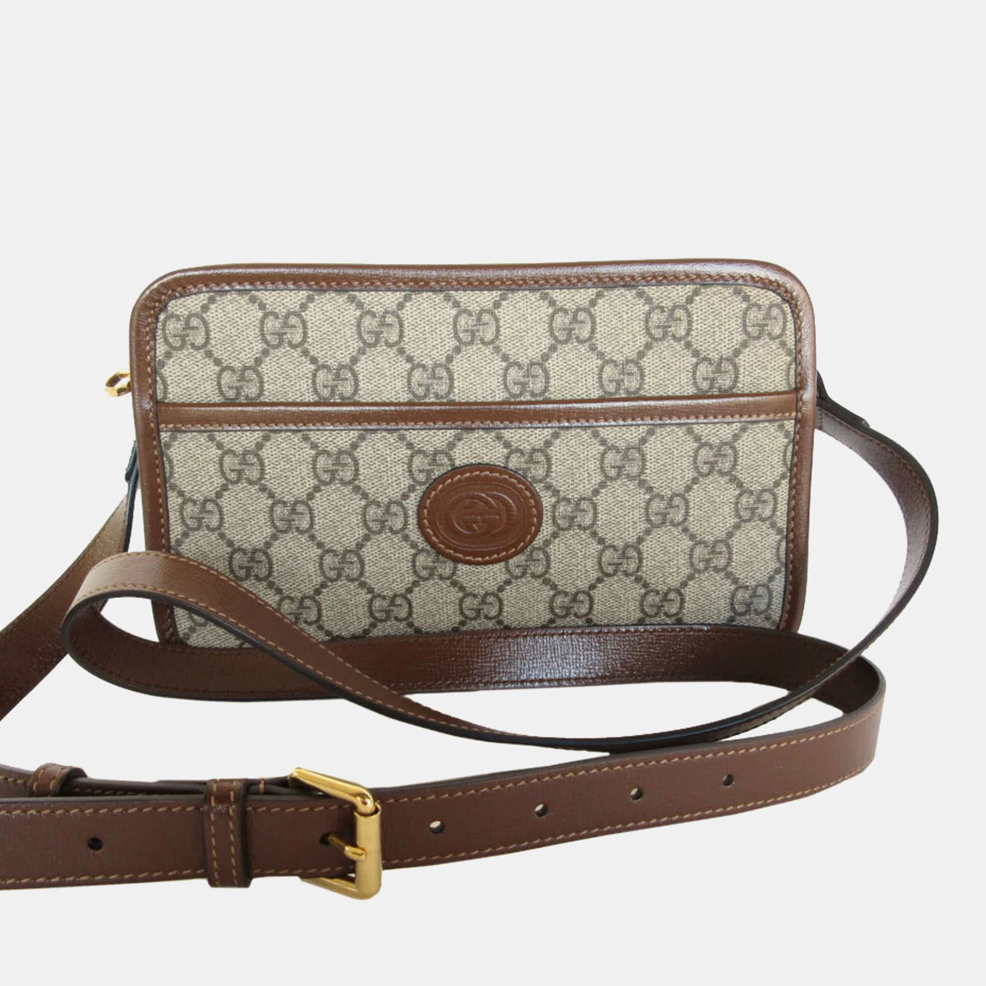 

Gucci Beige Brown Gold Leather GG Supreme Shoulder Bag