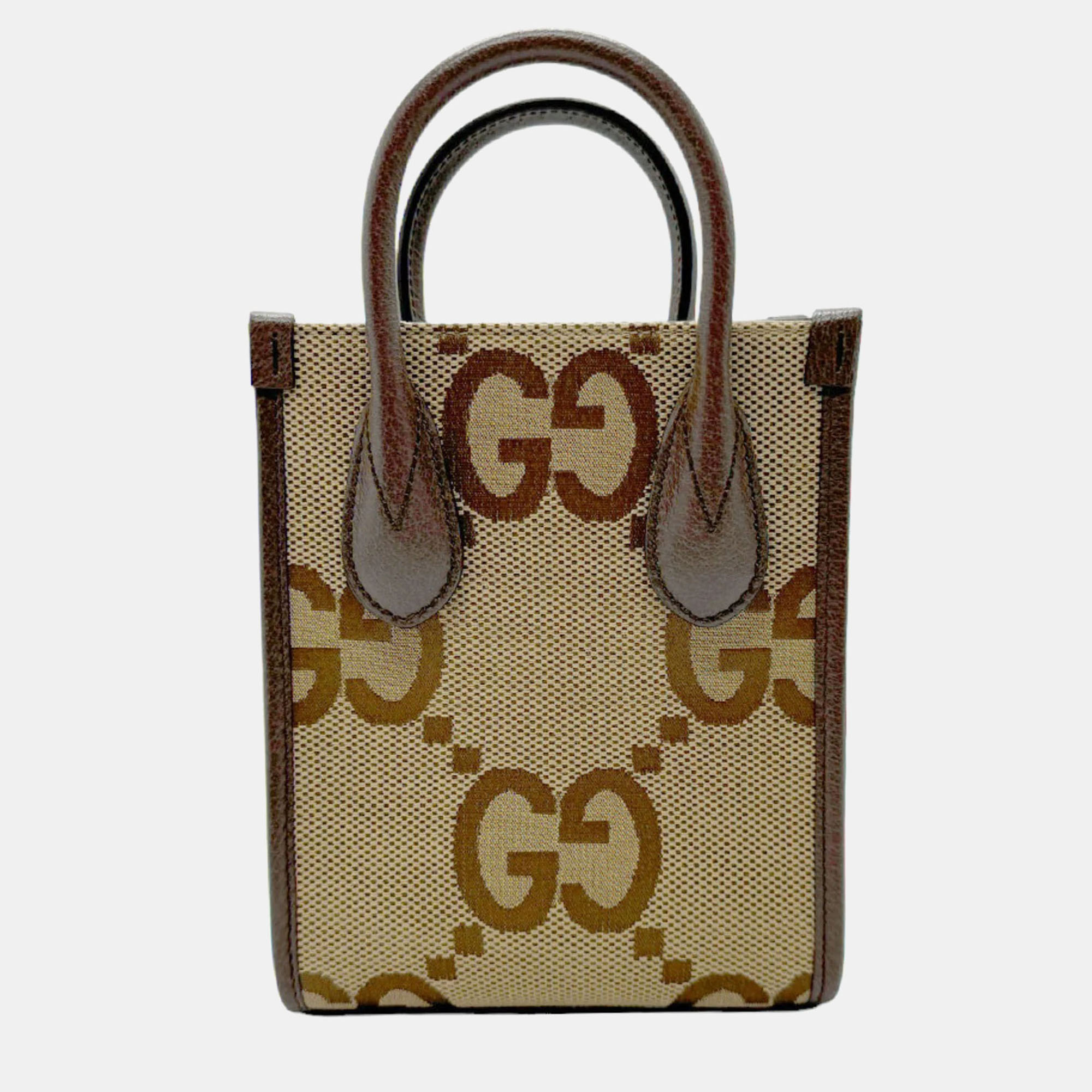 

Gucci Canvas Leather Brown Jumbo GG Shoulder Bag, Beige